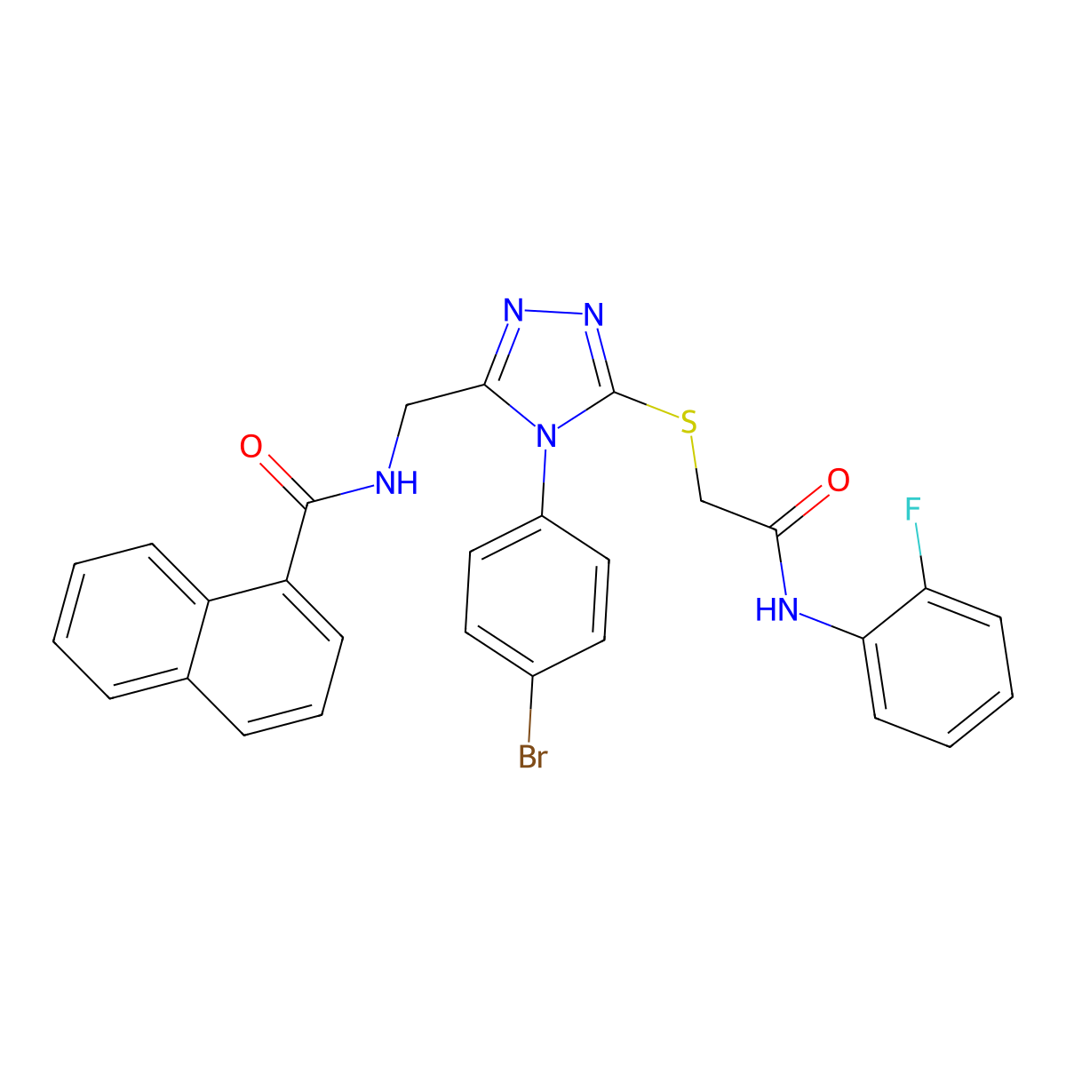 N-{[4-(4-bromophenyl)-5-({[(2-fluorophenyl)carbamoyl]methyl}sulfanyl)-4H-1,2,4-triazol-3-yl]methyl}naphthalene-1-carboxamide molecular structure, CAS 389071-42-5