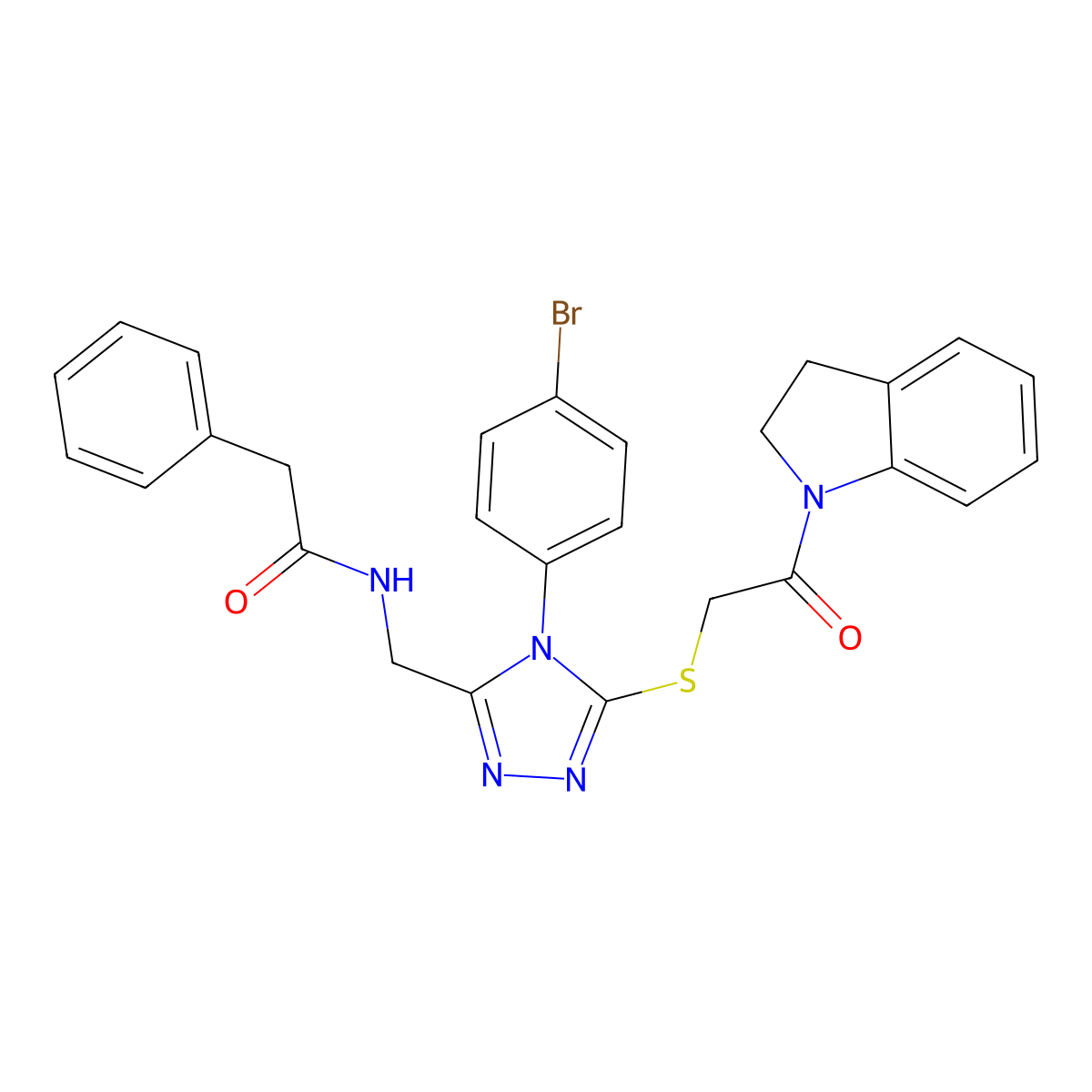 N-((4-(4-bromophenyl)-5-((2-(indolin-1-yl)-2-oxoethyl)thio)-4H-1,2,4-triazol-3-yl)methyl)-2-phenylacetamide molecular structure, CAS 389071-52-7