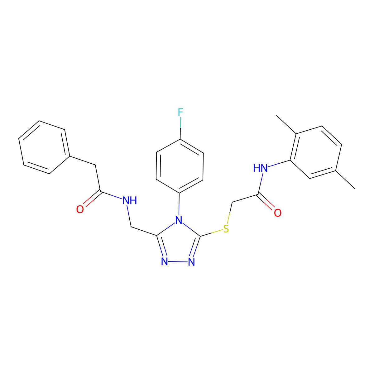 N-(2,5-dimethylphenyl)-2-((4-(4-fluorophenyl)-5-((2-phenylacetamido)methyl)-4H-1,2,4-triazol-3-yl)thio)acetamide molecular structure, CAS 389071-55-0