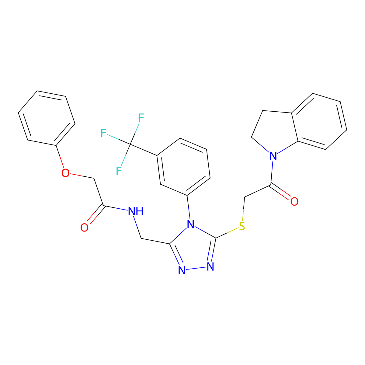 N-((5-((2-(indolin-1-yl)-2-oxoethyl)thio)-4-(3-(trifluoromethyl)phenyl)-4H-1,2,4-triazol-3-yl)methyl)-2-phenoxyacetamide molecular structure, CAS 389071-69-6