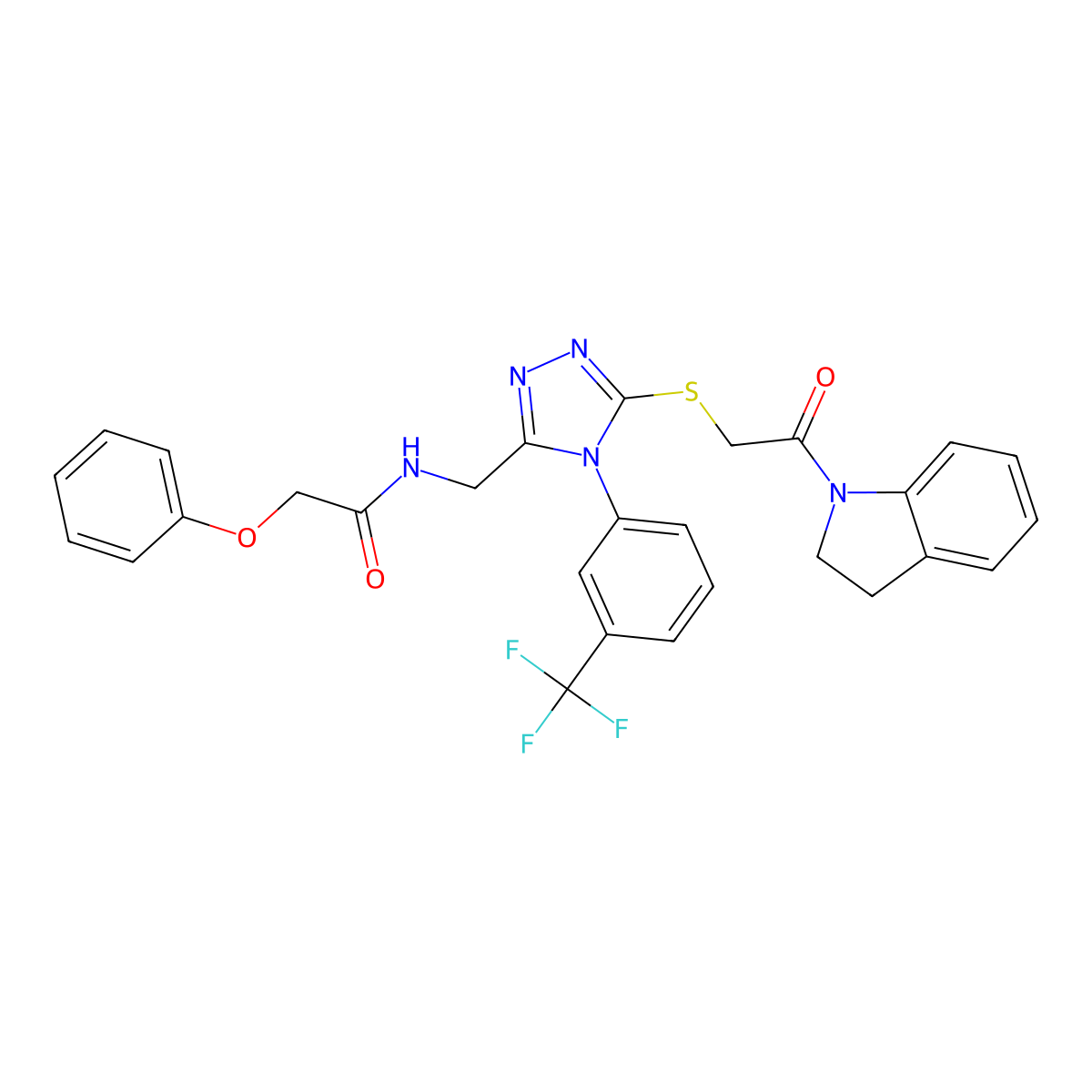 N-((5-((2-(indolin-1-yl)-2-oxoethyl)thio)-4-(3-(trifluoromethyl)phenyl)-4H-1,2,4-triazol-3-yl)methyl)-2-phenoxyacetamide molecular structure, CAS 389071-69-6