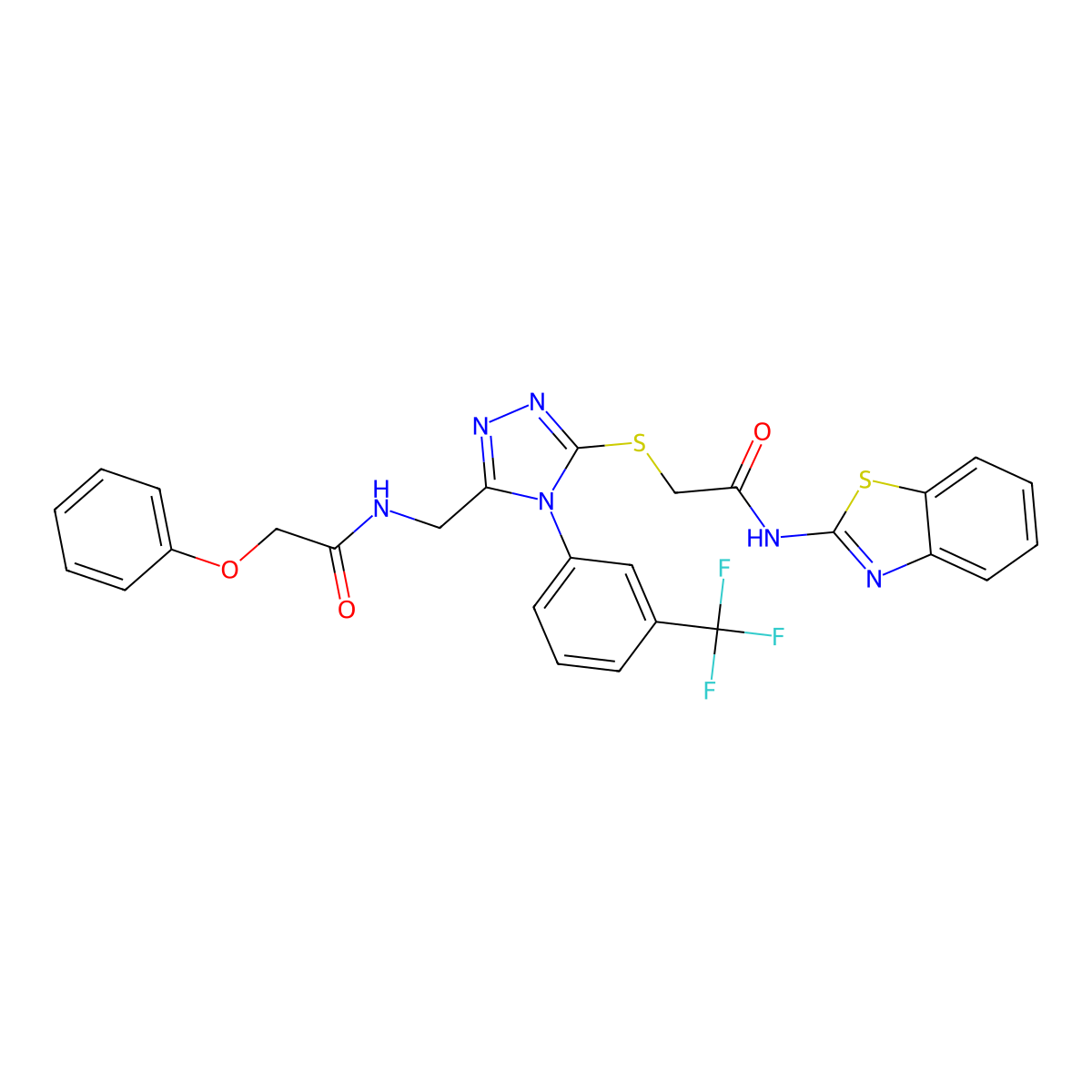 N-(benzo[d]thiazol-2-yl)-2-((5-((2-phenoxyacetamido)methyl)-4-(3-(trifluoromethyl)phenyl)-4H-1,2,4-triazol-3-yl)thio)acetamide molecular structure, CAS 389071-70-9