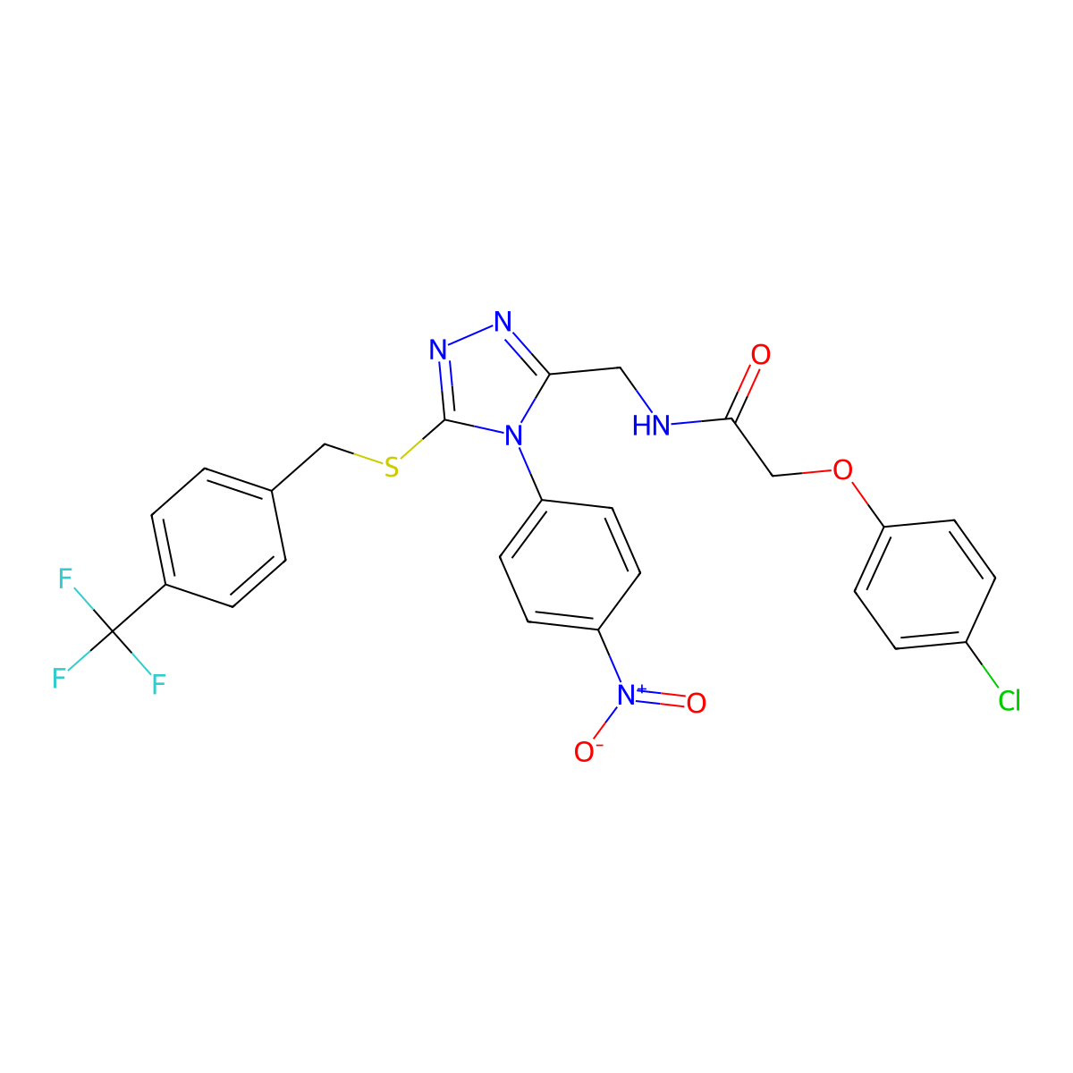 2-(4-chlorophenoxy)-N-[[4-(4-nitrophenyl)-5-[[4-(trifluoromethyl)phenyl]methylsulfanyl]-1,2,4-triazol-3-yl]methyl]acetamide molecular structure, CAS 389071-74-3