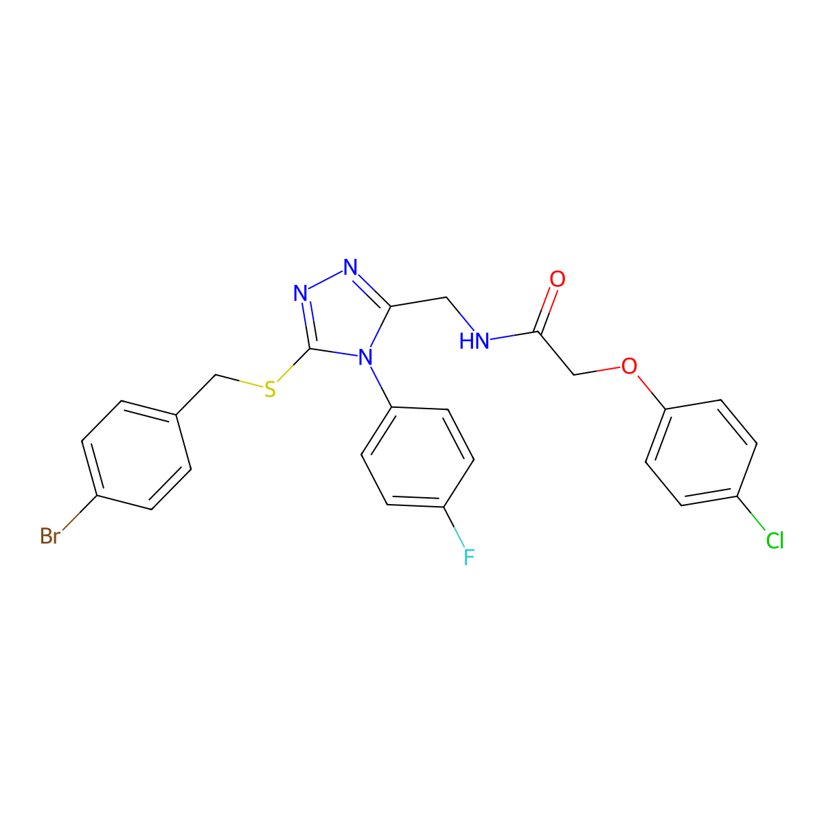 N-((5-((4-bromobenzyl)thio)-4-(4-fluorophenyl)-4H-1,2,4-triazol-3-yl)methyl)-2-(4-chlorophenoxy)acetamide molecular structure, CAS 389071-75-4