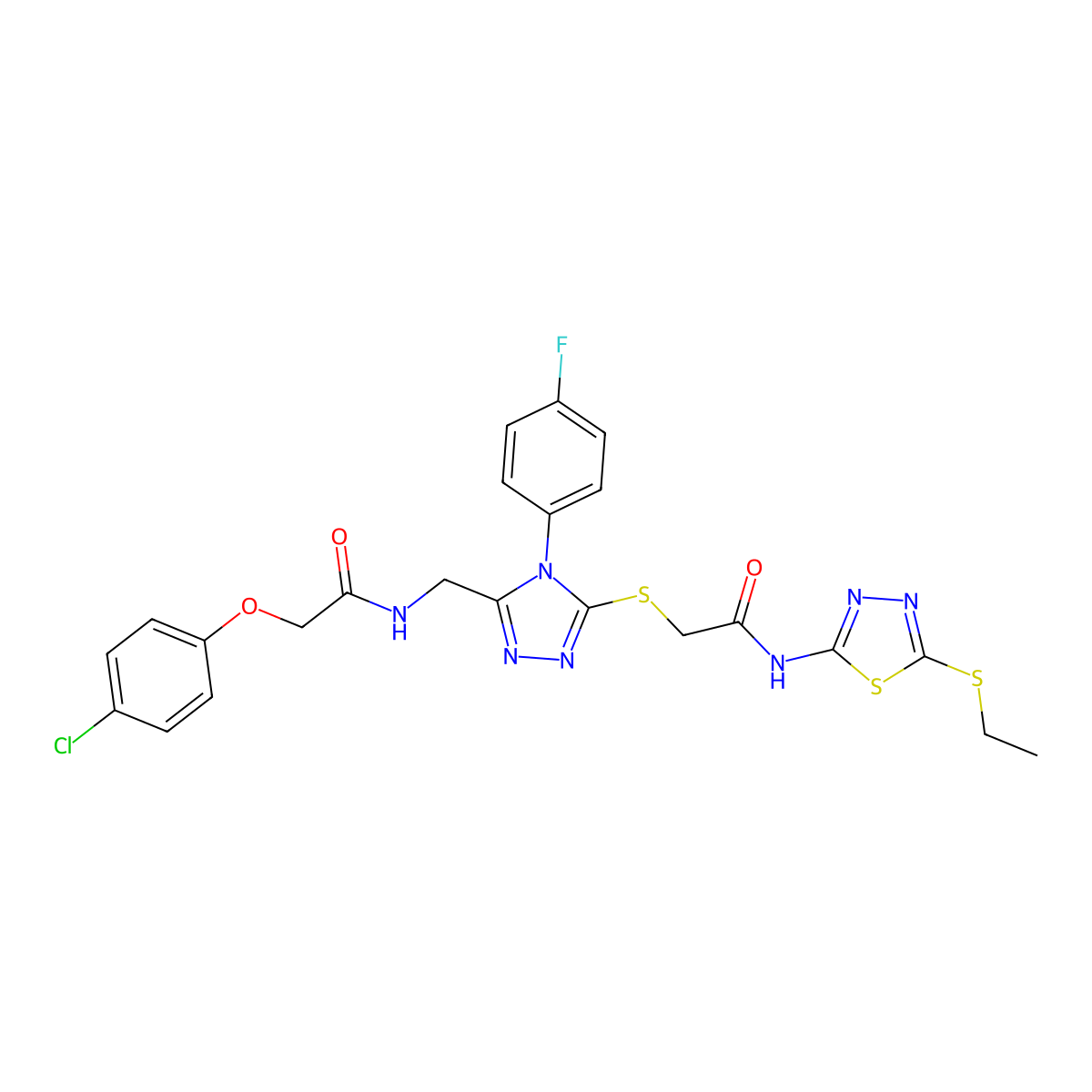 2-(4-chlorophenoxy)-N-({5-[({[5-(ethylsulfanyl)-1,3,4-thiadiazol-2-yl]carbamoyl}methyl)sulfanyl]-4-(4-fluorophenyl)-4H-1,2,4-triazol-3-yl}methyl)acetamide molecular structure, CAS 389071-76-5