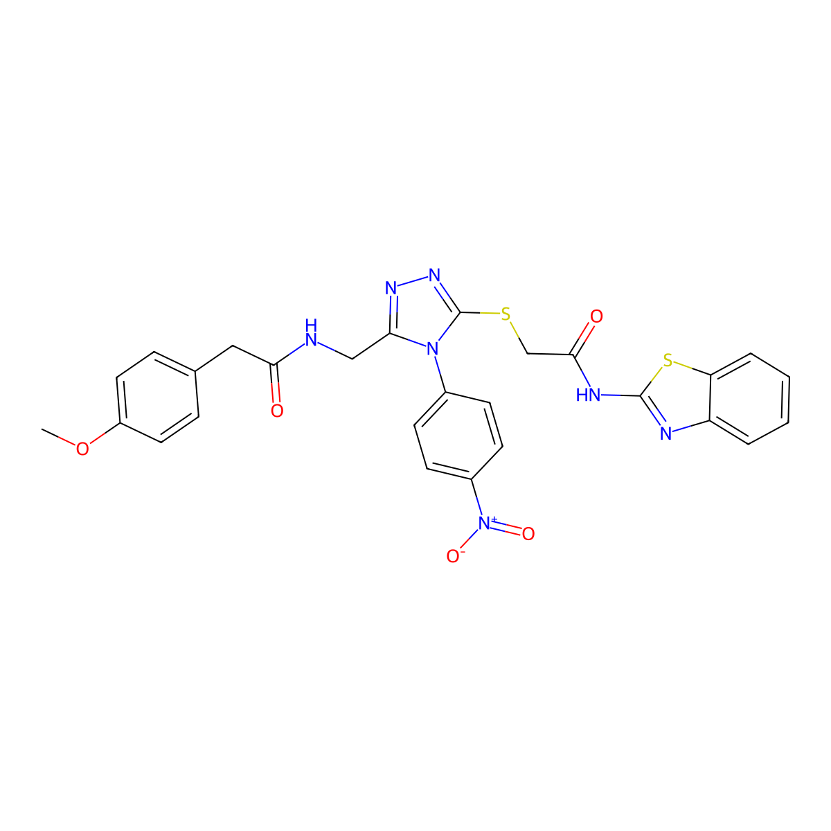 N-(benzo[d]thiazol-2-yl)-2-((5-((2-(4-methoxyphenyl)acetamido)methyl)-4-(4-nitrophenyl)-4H-1,2,4-triazol-3-yl)thio)acetamide molecular structure, CAS 389071-84-5