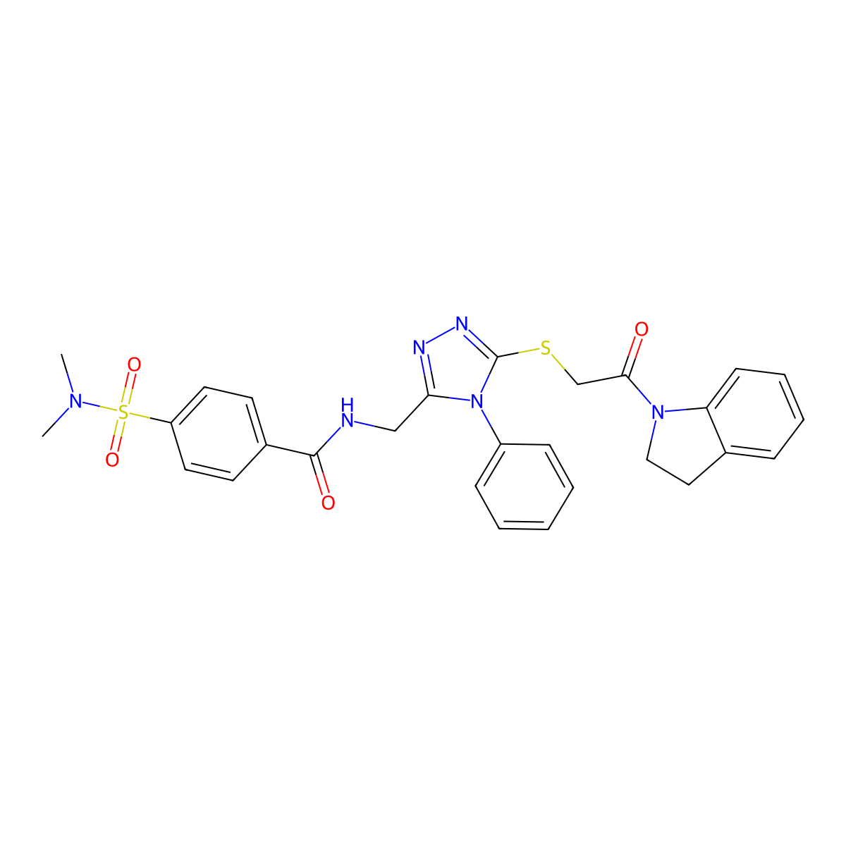 4-(N,N-dimethylsulfamoyl)-N-((5-((2-(indolin-1-yl)-2-oxoethyl)thio)-4-phenyl-4H-1,2,4-triazol-3-yl)methyl)benzamide molecular structure, CAS 389071-87-8
