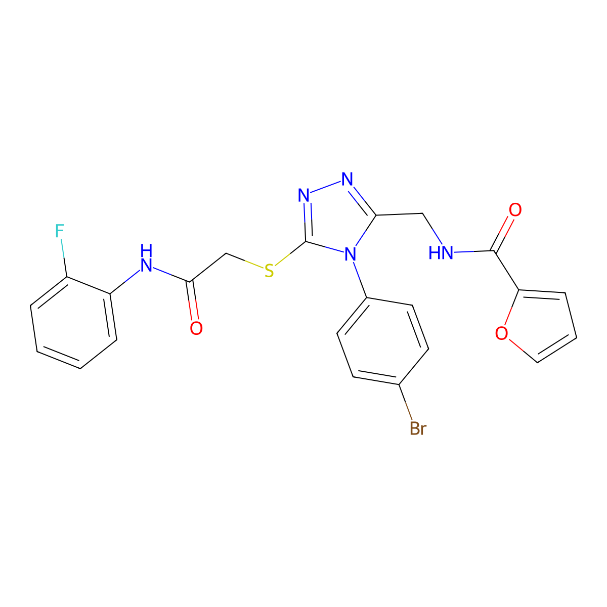 N-((4-(4-bromophenyl)-5-((2-((2-fluorophenyl)amino)-2-oxoethyl)thio)-4H-1,2,4-triazol-3-yl)methyl)furan-2-carboxamide molecular structure, CAS 389071-96-9