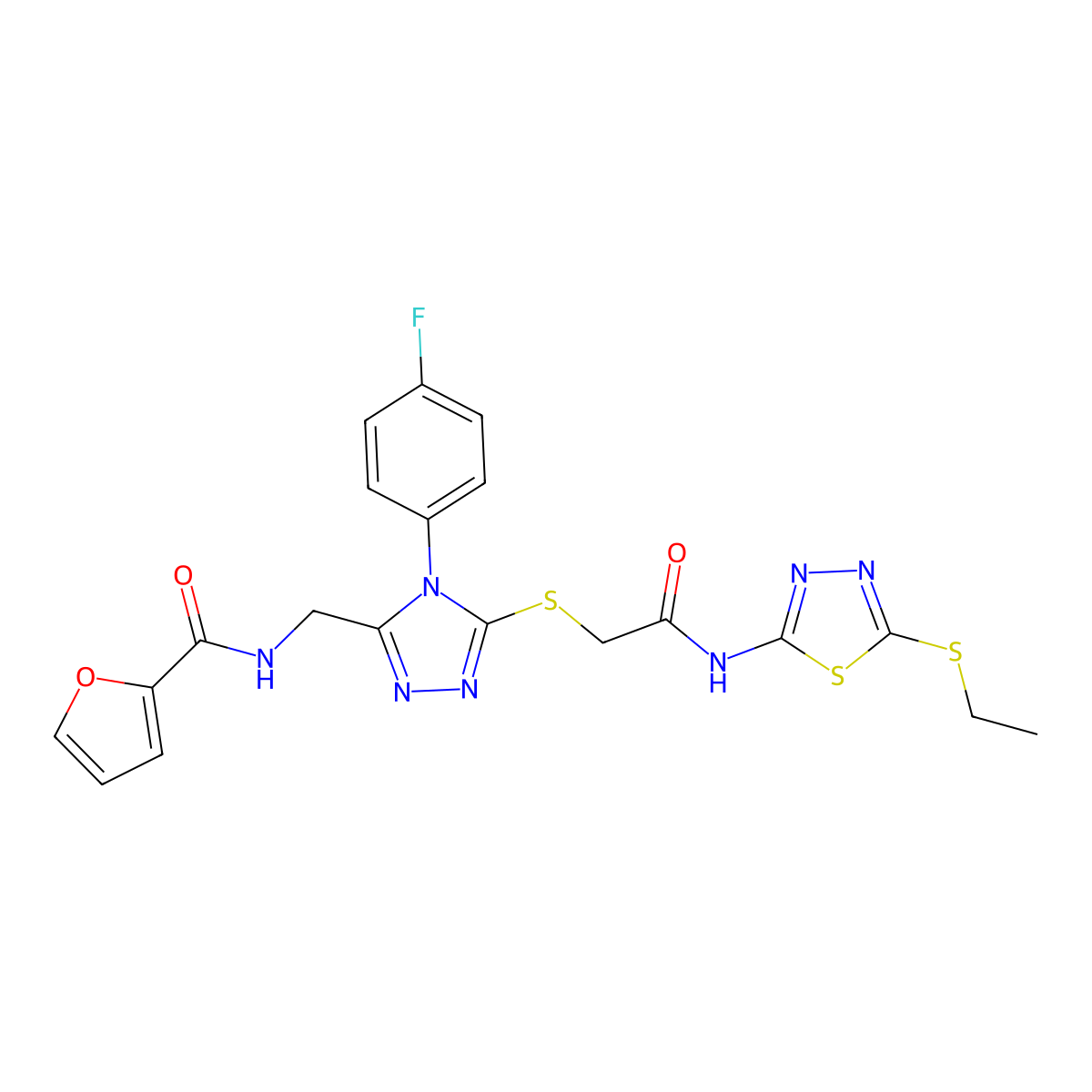 N-((5-((2-((5-(ethylthio)-1,3,4-thiadiazol-2-yl)amino)-2-oxoethyl)thio)-4-(4-fluorophenyl)-4H-1,2,4-triazol-3-yl)methyl)furan-2-carboxamide molecular structure, CAS 389072-02-0