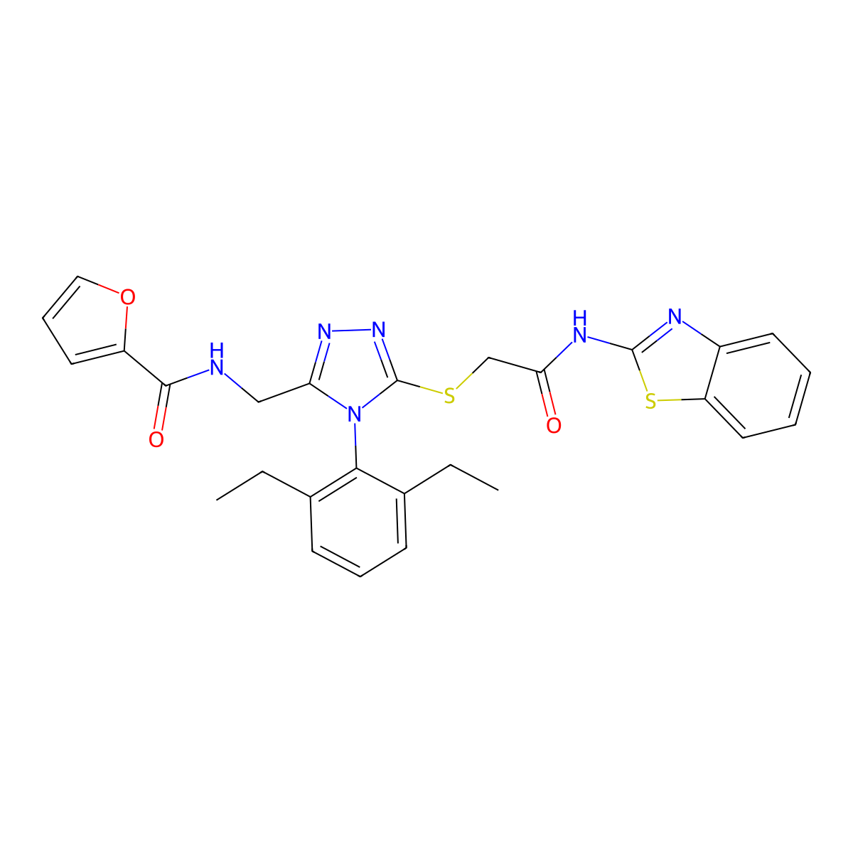 N-((5-((2-(benzo[d]thiazol-2-ylamino)-2-oxoethyl)thio)-4-(2,6-diethylphenyl)-4H-1,2,4-triazol-3-yl)methyl)furan-2-carboxamide molecular structure, CAS 389072-08-6