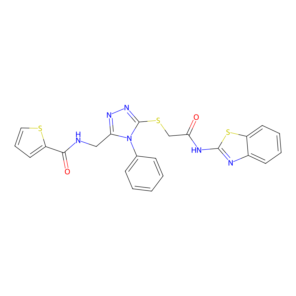 N-((5-((2-(benzo[d]thiazol-2-ylamino)-2-oxoethyl)thio)-4-phenyl-4H-1,2,4-triazol-3-yl)methyl)thiophene-2-carboxamide molecular structure, CAS 389072-09-7