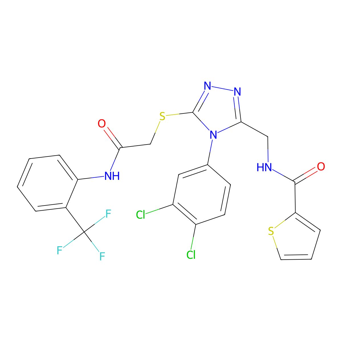 N-((4-(3,4-dichlorophenyl)-5-((2-oxo-2-((2-(trifluoromethyl)phenyl)amino)ethyl)thio)-4H-1,2,4-triazol-3-yl)methyl)thiophene-2-carboxamide molecular structure, CAS 389072-11-1