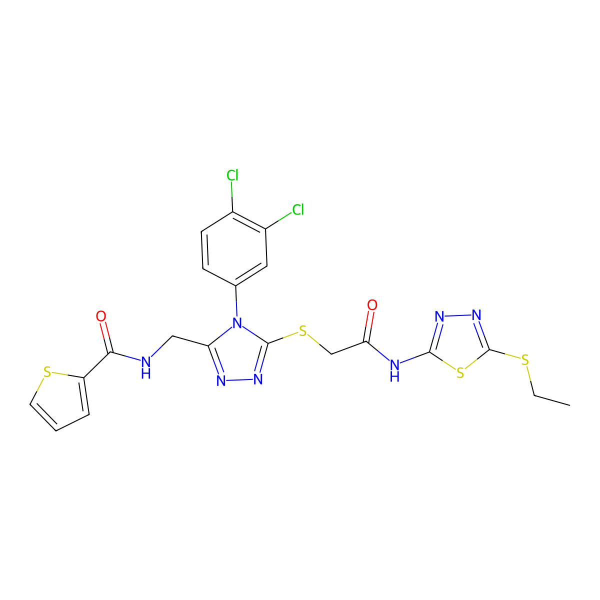 N-{[4-(3,4-dichlorophenyl)-5-[({[5-(ethylsulfanyl)-1,3,4-thiadiazol-2-yl]carbamoyl}methyl)sulfanyl]-4H-1,2,4-triazol-3-yl]methyl}thiophene-2-carboxamide molecular structure, CAS 389072-12-2