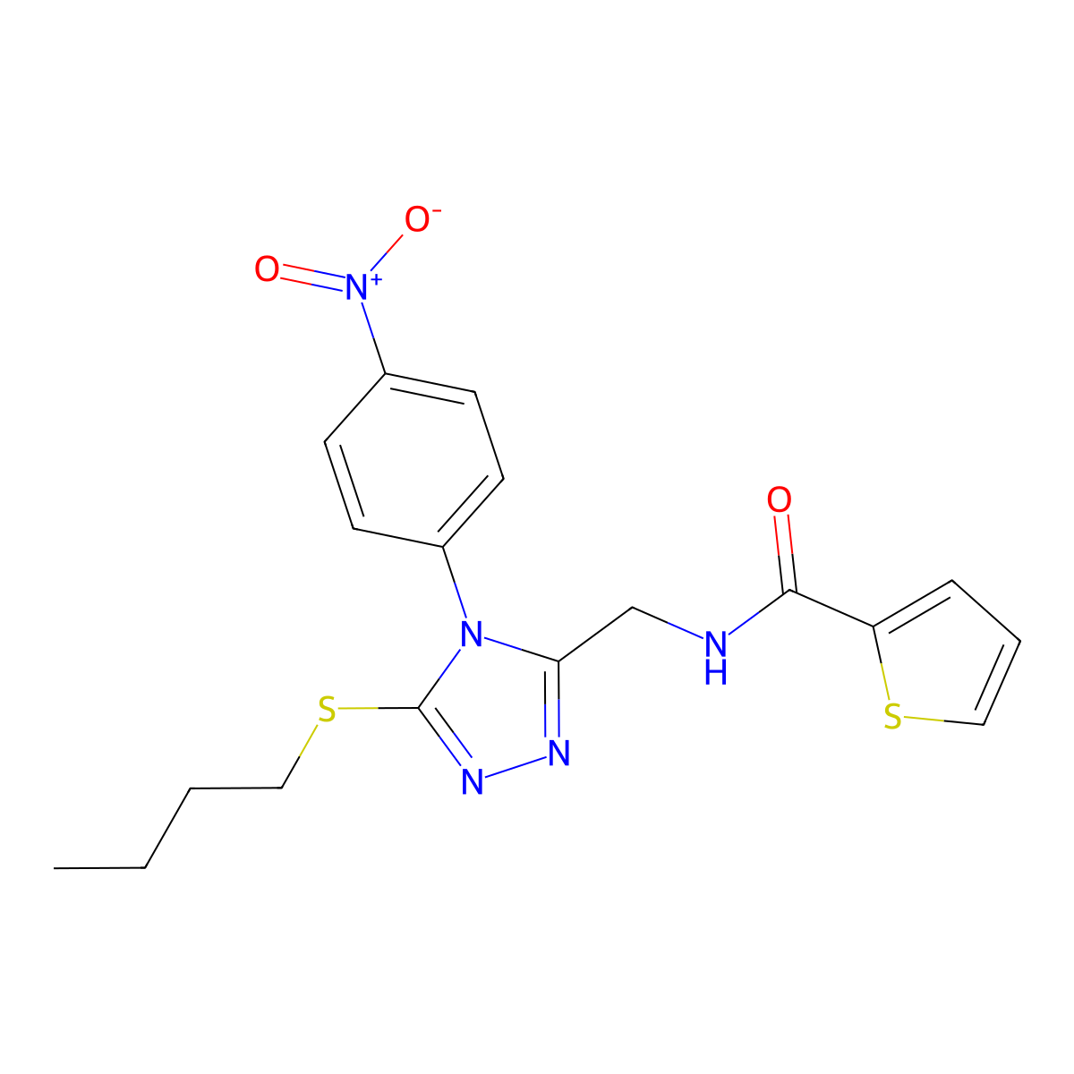 N-[[5-butylsulfanyl-4-(4-nitrophenyl)-1,2,4-triazol-3-yl]methyl]thiophene-2-carboxamide molecular structure, CAS 389072-13-3