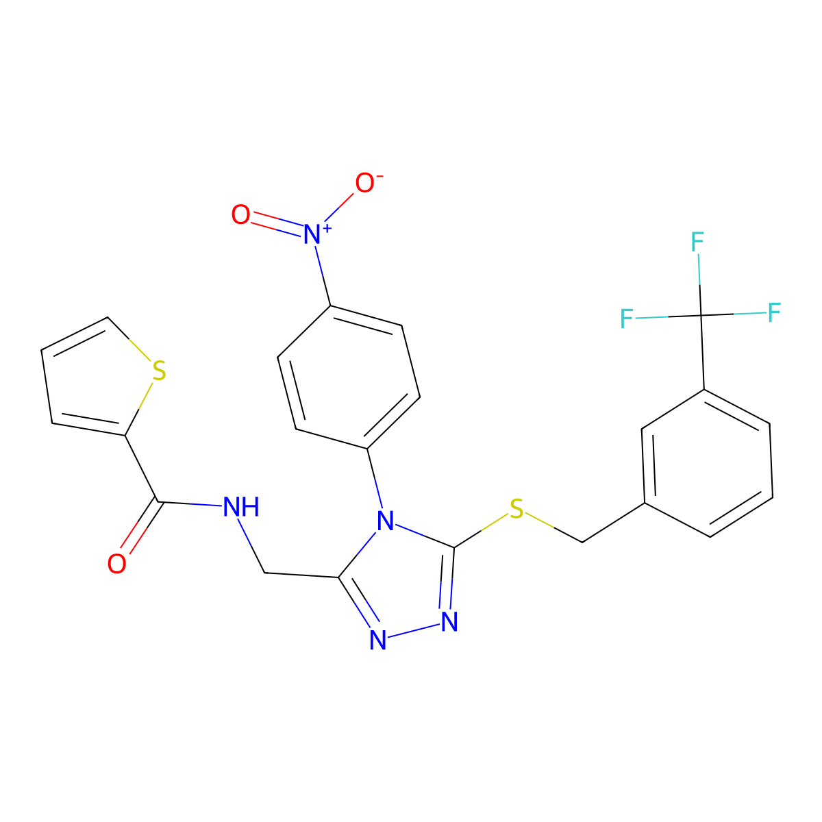 N-((4-(4-nitrophenyl)-5-((3-(trifluoromethyl)benzyl)thio)-4H-1,2,4-triazol-3-yl)methyl)thiophene-2-carboxamide molecular structure, CAS 389072-14-4