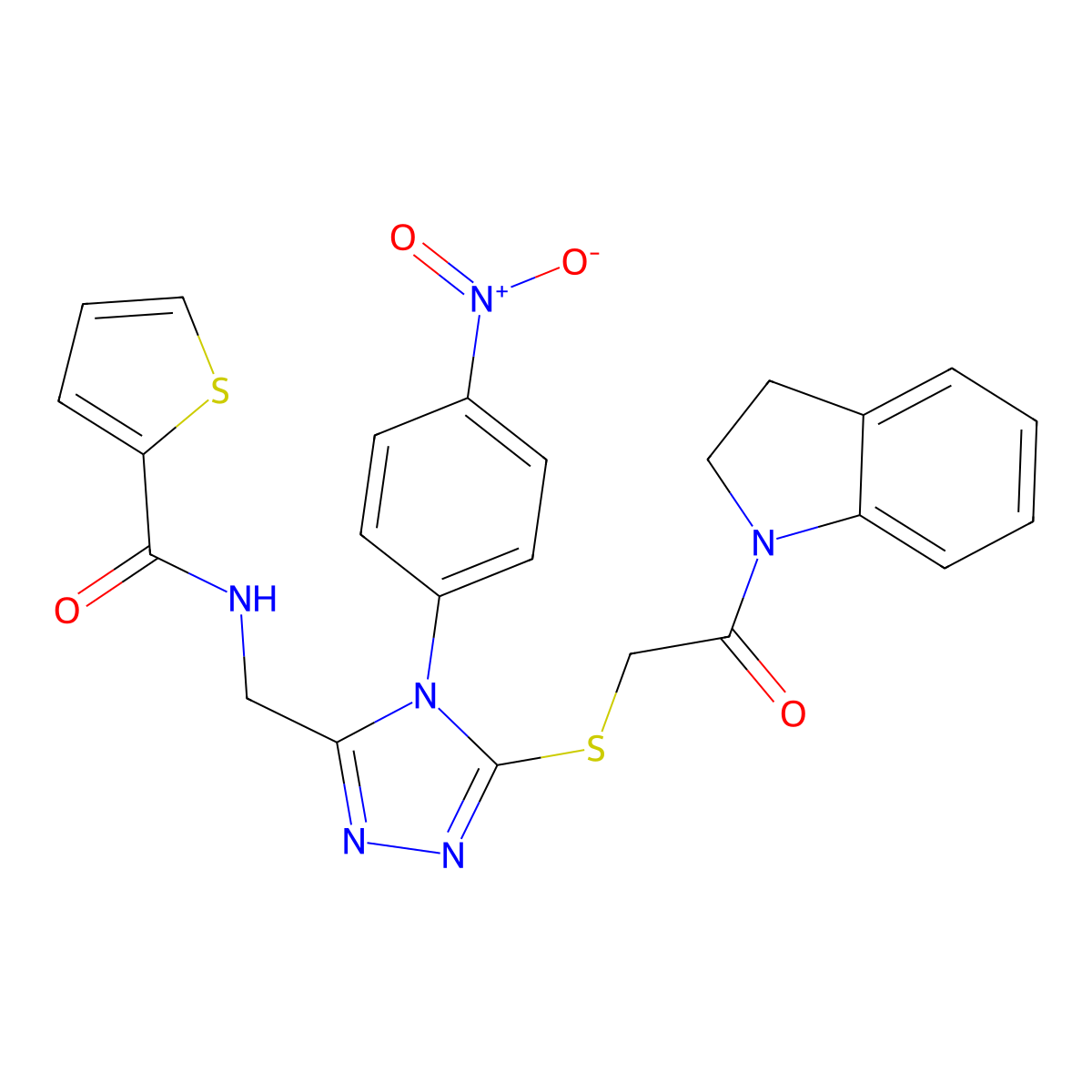 N-((5-((2-(indolin-1-yl)-2-oxoethyl)thio)-4-(4-nitrophenyl)-4H-1,2,4-triazol-3-yl)methyl)thiophene-2-carboxamide molecular structure, CAS 389072-16-6