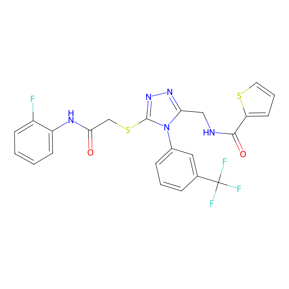 N-[[5-[2-(2-fluoroanilino)-2-oxoethyl]sulfanyl-4-[3-(trifluoromethyl)phenyl]-1,2,4-triazol-3-yl]methyl]thiophene-2-carboxamide molecular structure, CAS 389072-26-8