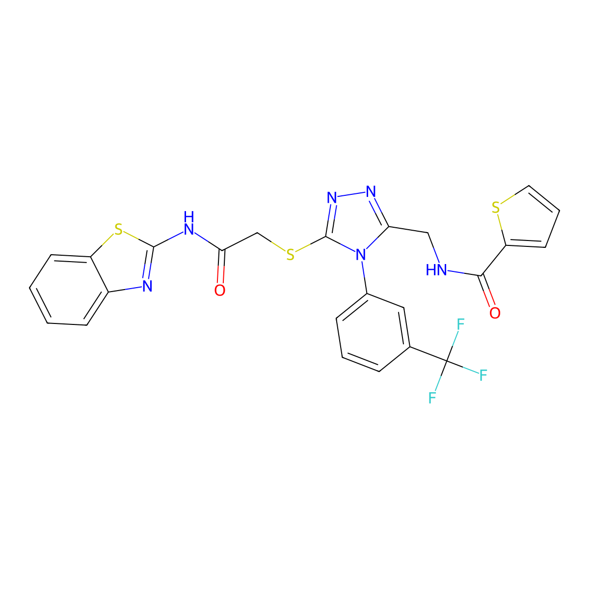 N-((5-((2-(benzo[d]thiazol-2-ylamino)-2-oxoethyl)thio)-4-(3-(trifluoromethyl)phenyl)-4H-1,2,4-triazol-3-yl)methyl)thiophene-2-carboxamide molecular structure, CAS 389072-27-9