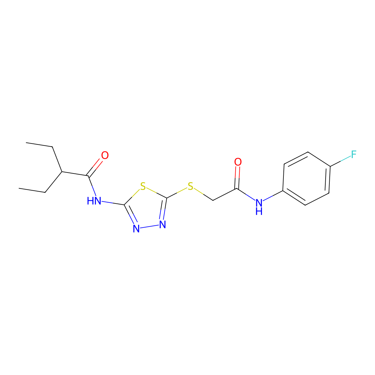 2-ethyl-N-(5-((2-((4-fluorophenyl)amino)-2-oxoethyl)thio)-1,3,4-thiadiazol-2-yl)butanamide molecular structure, CAS 389072-33-7