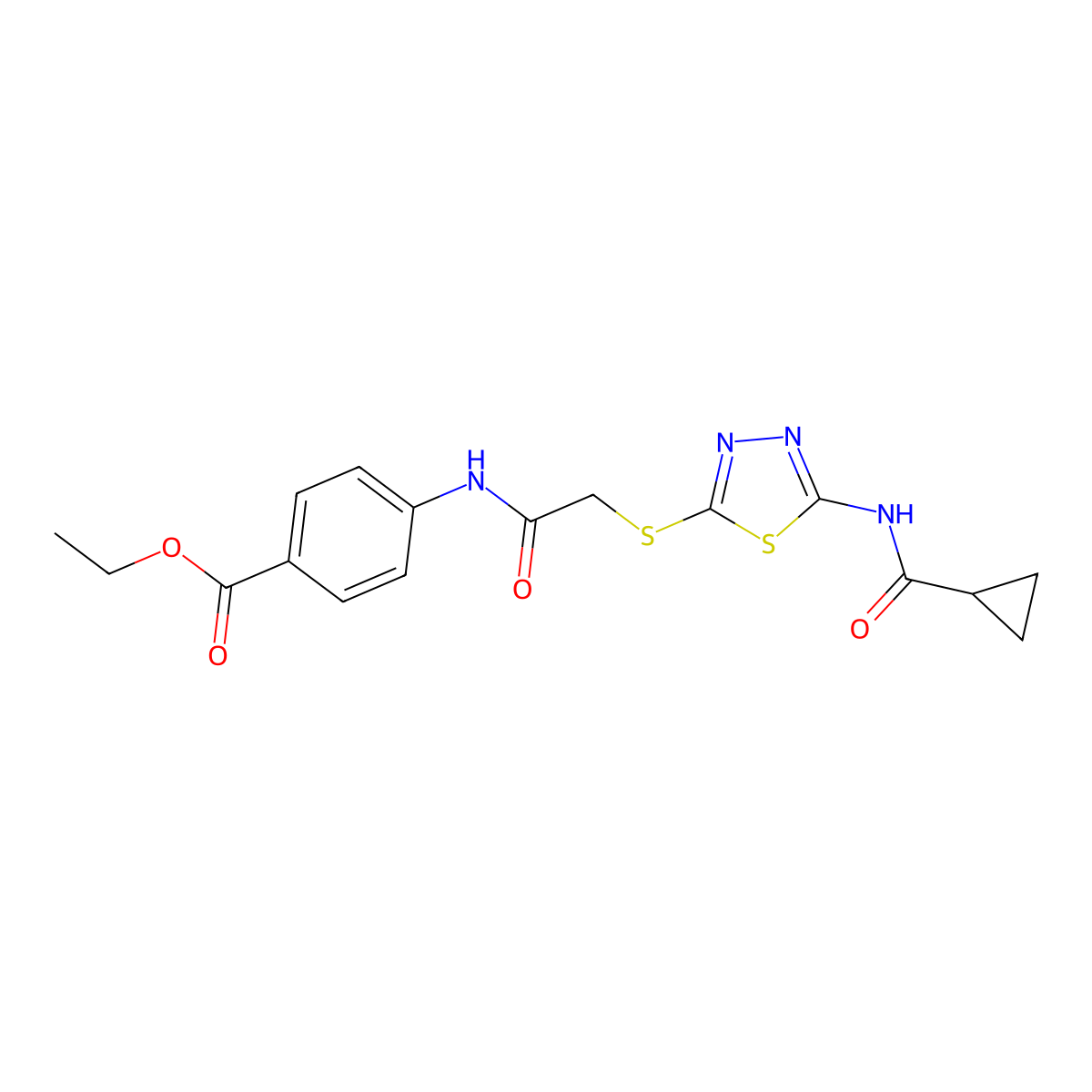Ethyl 4-{2-[(5-cyclopropaneamido-1,3,4-thiadiazol-2-yl)sulfanyl]acetamido}benzoate molecular structure, CAS 389072-38-2