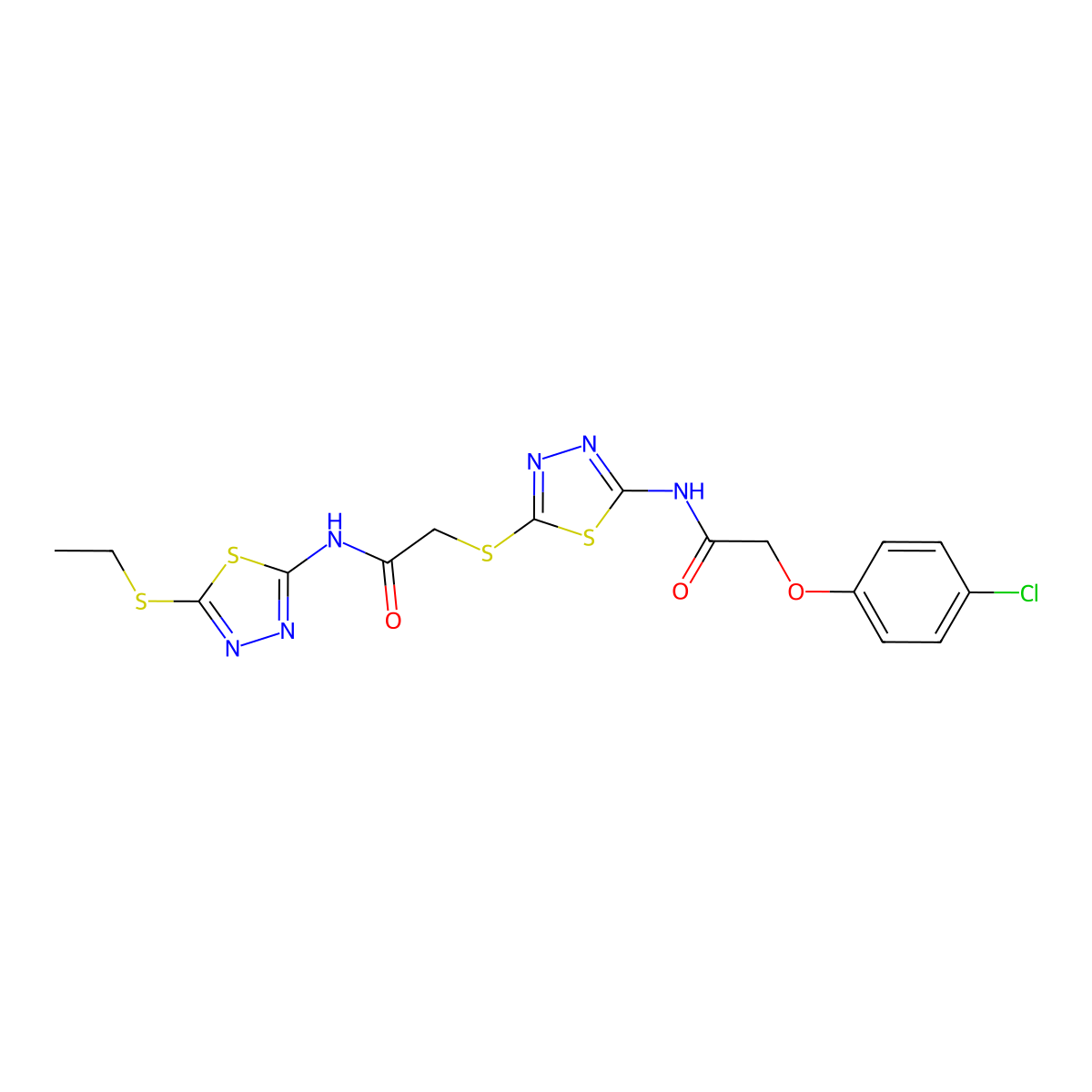 2-(4-chlorophenoxy)-N-(5-((2-((5-(ethylthio)-1,3,4-thiadiazol-2-yl)amino)-2-oxoethyl)thio)-1,3,4-thiadiazol-2-yl)acetamide molecular structure, CAS 389072-48-4