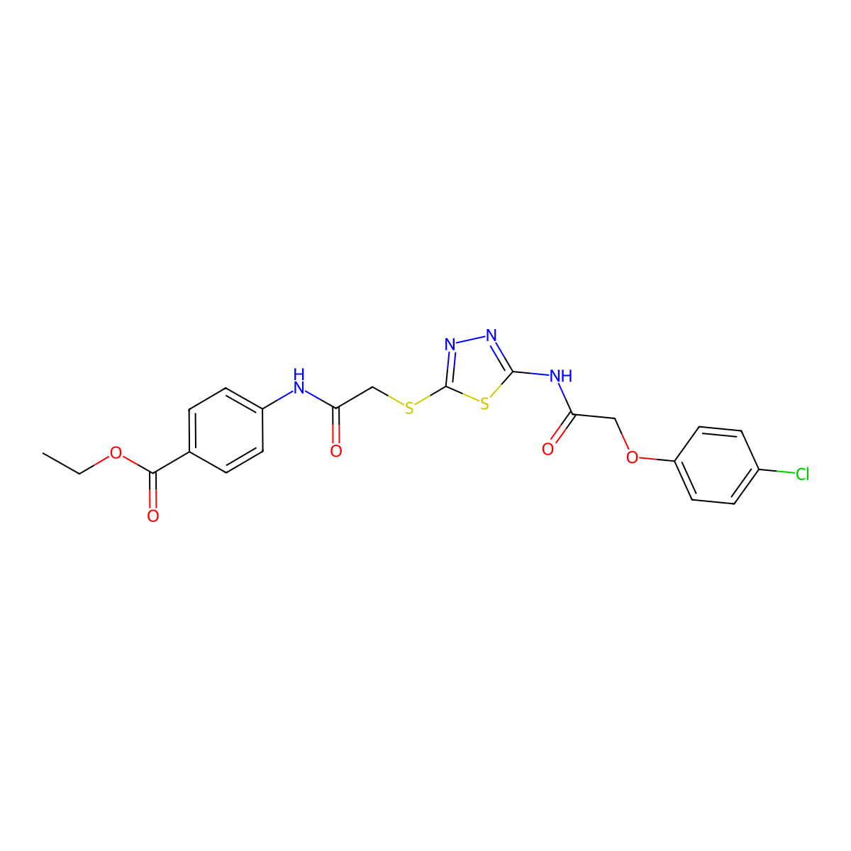 Ethyl 4-[[2-[[5-[[2-(4-chlorophenoxy)acetyl]amino]-1,3,4-thiadiazol-2-yl]sulfanyl]acetyl]amino]benzoate molecular structure, CAS 389072-49-5