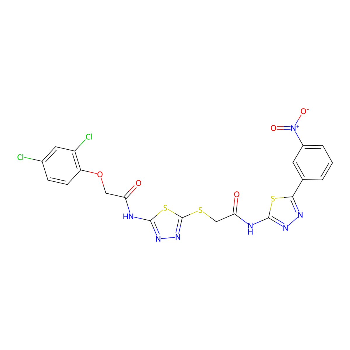 2-(2,4-dichlorophenoxy)-N-(5-((2-((5-(3-nitrophenyl)-1,3,4-thiadiazol-2-yl)amino)-2-oxoethyl)thio)-1,3,4-thiadiazol-2-yl)acetamide molecular structure, CAS 389072-51-9