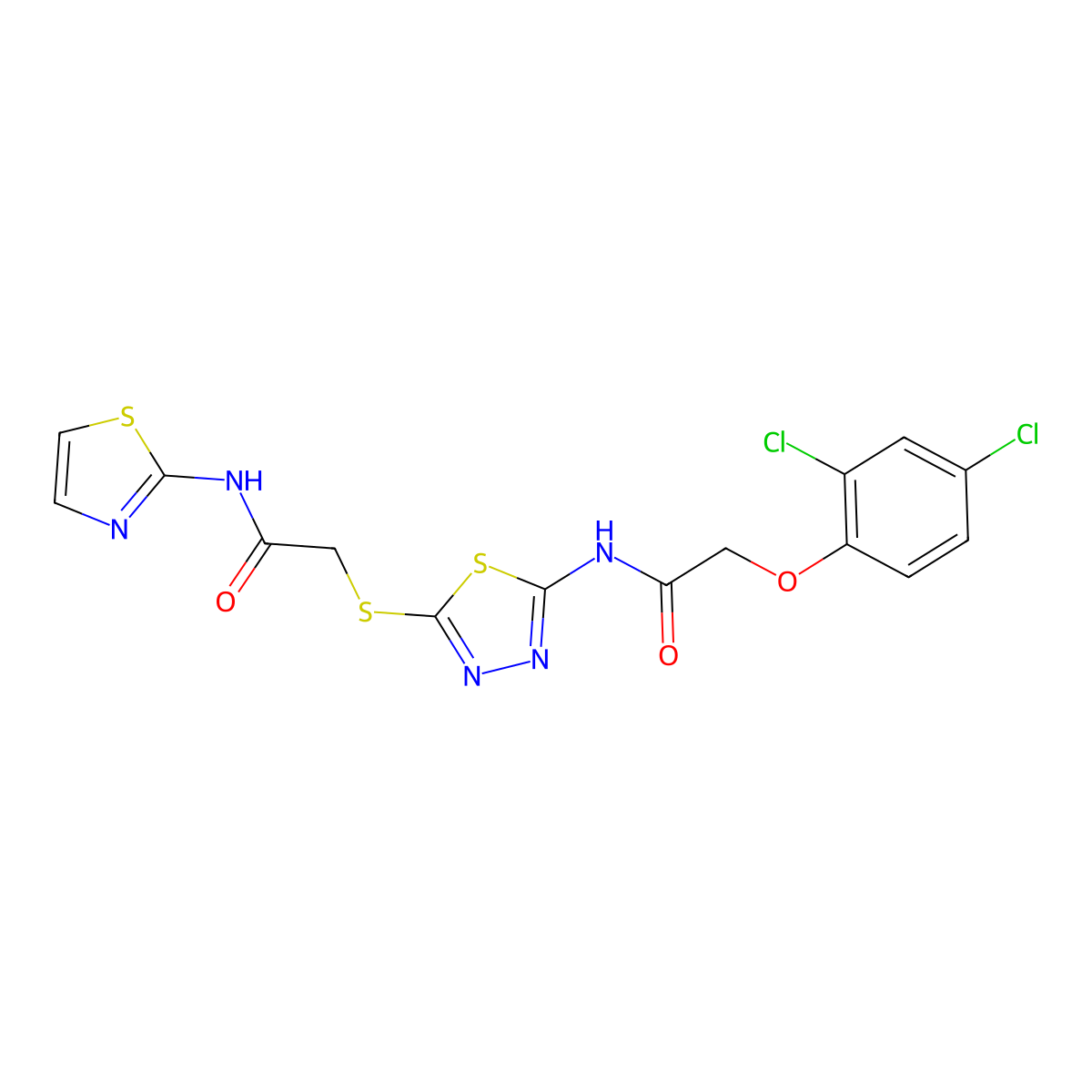 2-(2,4-dichlorophenoxy)-N-(5-((2-oxo-2-(thiazol-2-ylamino)ethyl)thio)-1,3,4-thiadiazol-2-yl)acetamide molecular structure, CAS 389072-53-1