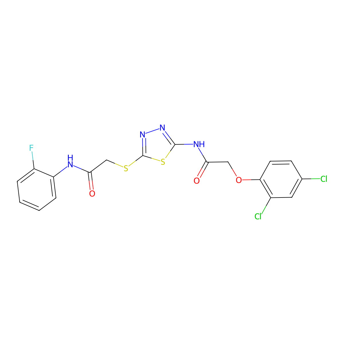 2-(2,4-dichlorophenoxy)-N-(5-((2-((2-fluorophenyl)amino)-2-oxoethyl)thio)-1,3,4-thiadiazol-2-yl)acetamide molecular structure, CAS 389072-54-2