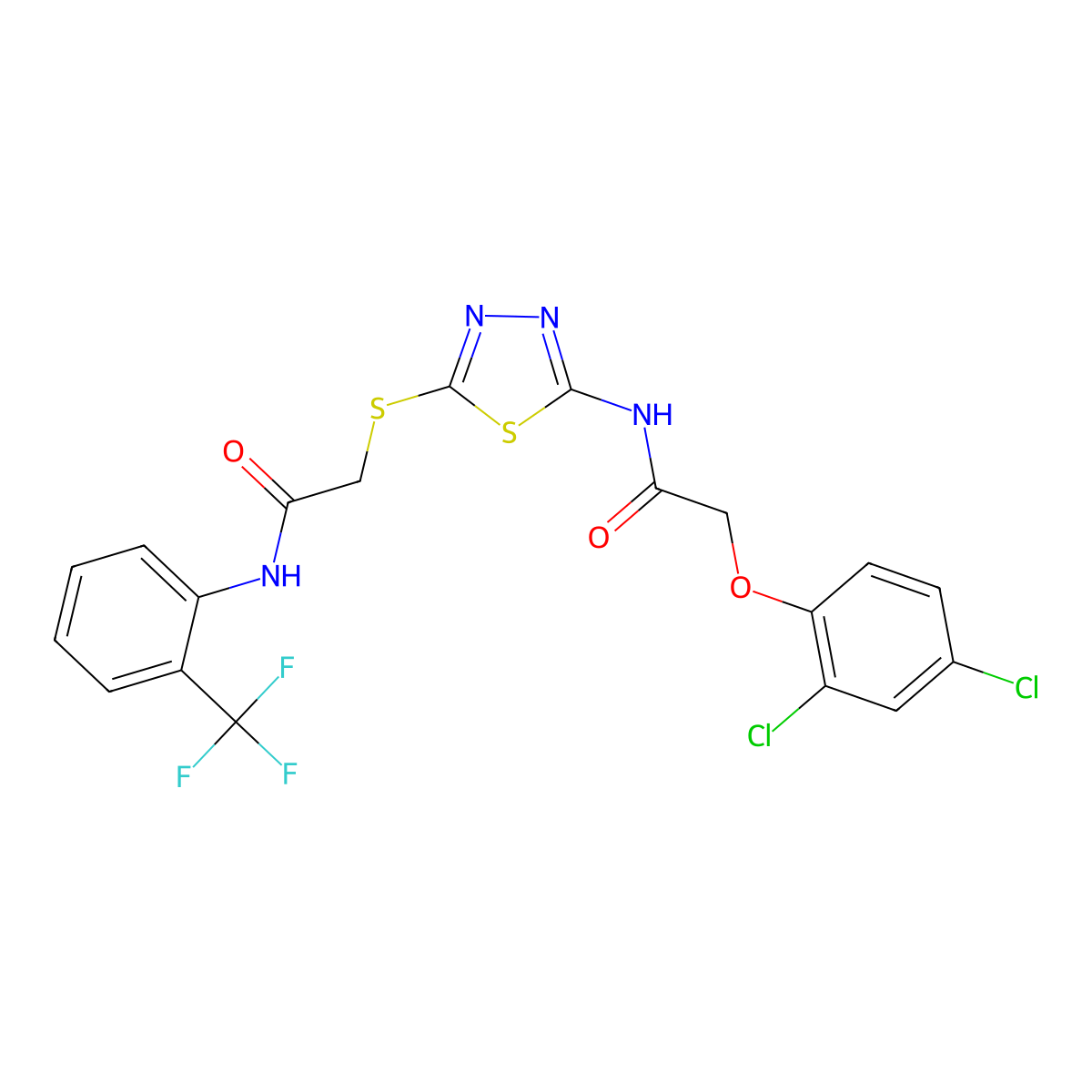 2-(2,4-dichlorophenoxy)-N-(5-((2-oxo-2-((2-(trifluoromethyl)phenyl)amino)ethyl)thio)-1,3,4-thiadiazol-2-yl)acetamide molecular structure, CAS 389072-55-3