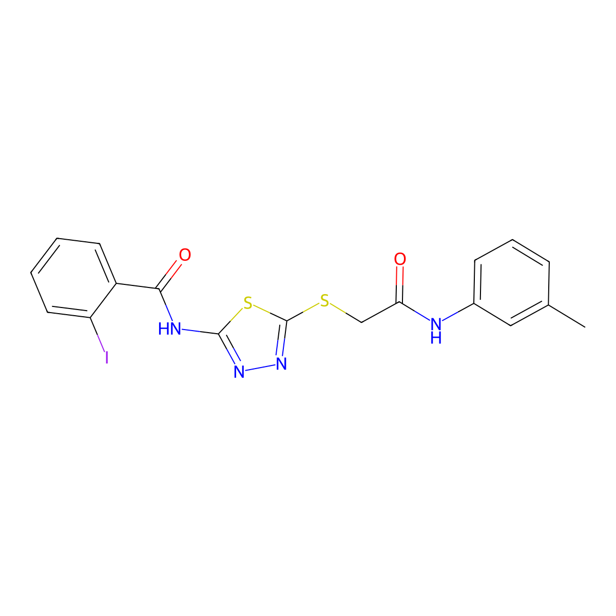 2-iodo-N-(5-((2-oxo-2-(m-tolylamino)ethyl)thio)-1,3,4-thiadiazol-2-yl)benzamide molecular structure, CAS 389072-62-2