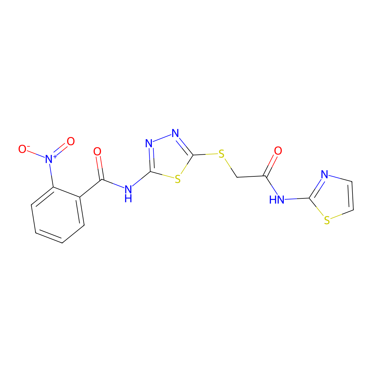 2-nitro-N-(5-((2-oxo-2-(thiazol-2-ylamino)ethyl)thio)-1,3,4-thiadiazol-2-yl)benzamide molecular structure, CAS 389072-65-5