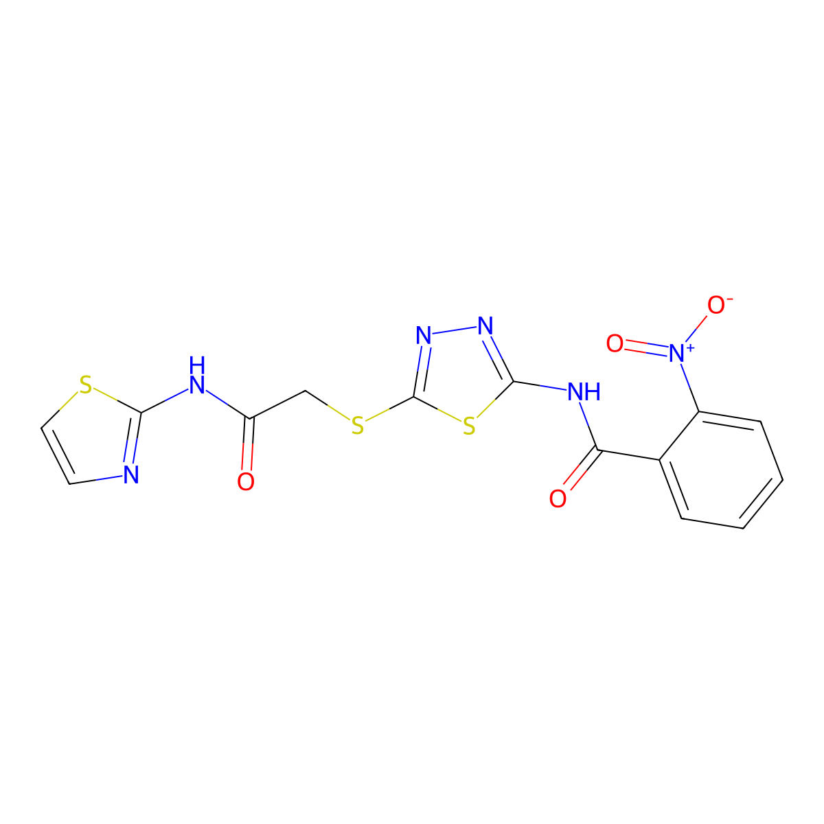 2-nitro-N-(5-((2-oxo-2-(thiazol-2-ylamino)ethyl)thio)-1,3,4-thiadiazol-2-yl)benzamide molecular structure, CAS 389072-65-5