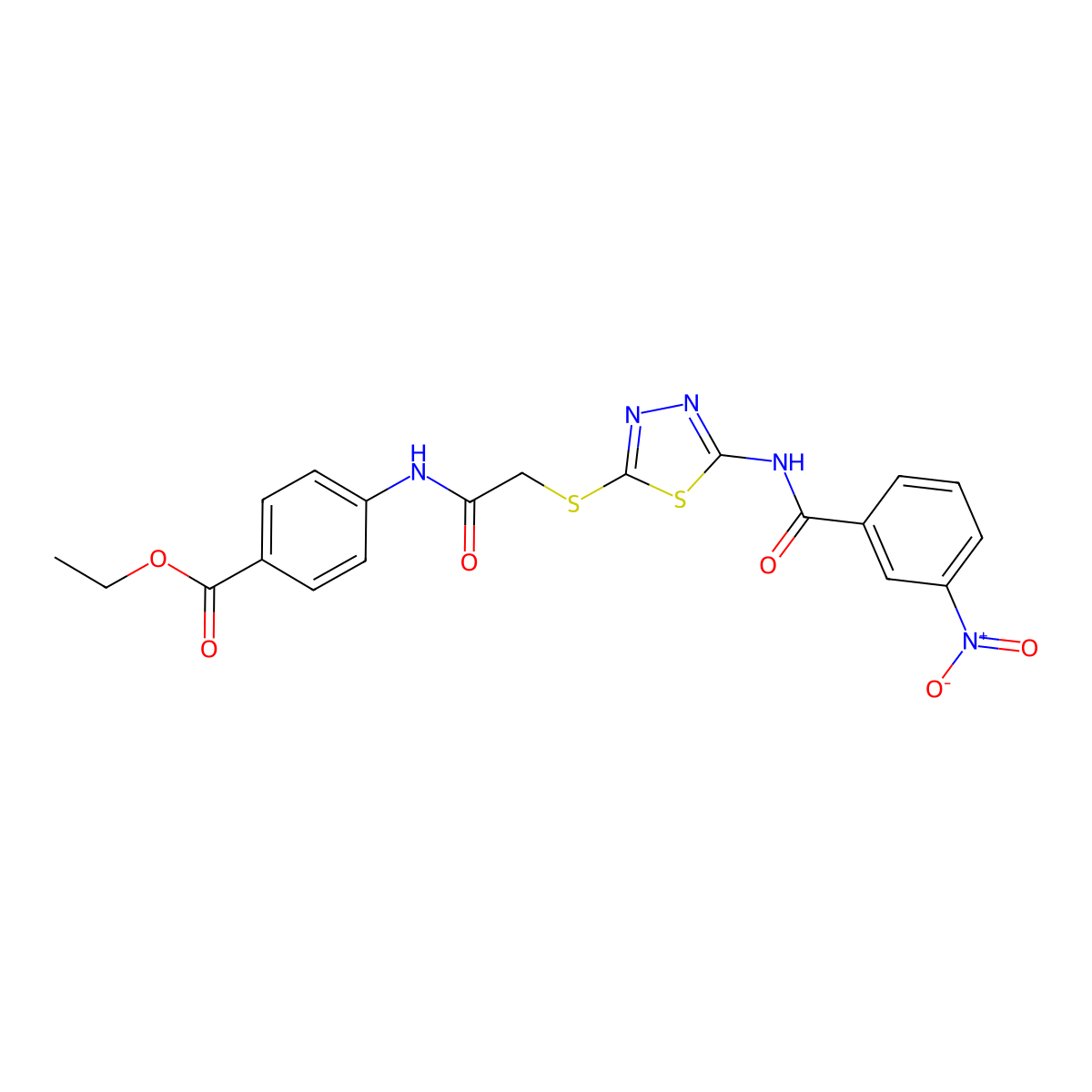 Ethyl 4-(2-((5-(3-nitrobenzamido)-1,3,4-thiadiazol-2-yl)thio)acetamido)benzoate molecular structure, CAS 389072-66-6