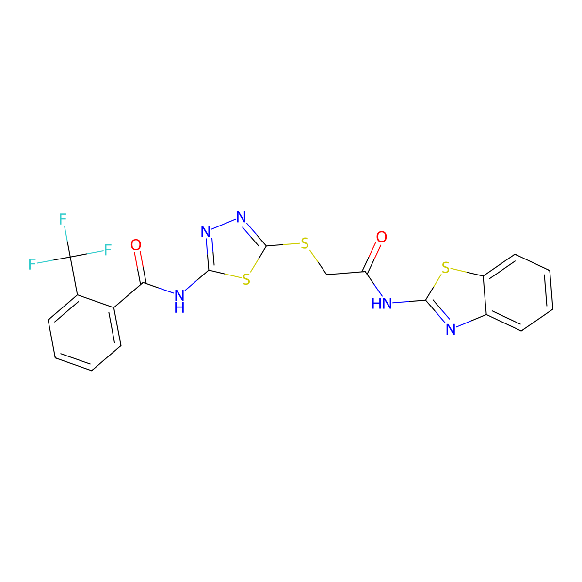 N-(5-((2-(benzo[d]thiazol-2-ylamino)-2-oxoethyl)thio)-1,3,4-thiadiazol-2-yl)-2-(trifluoromethyl)benzamide molecular structure, CAS 389072-69-9