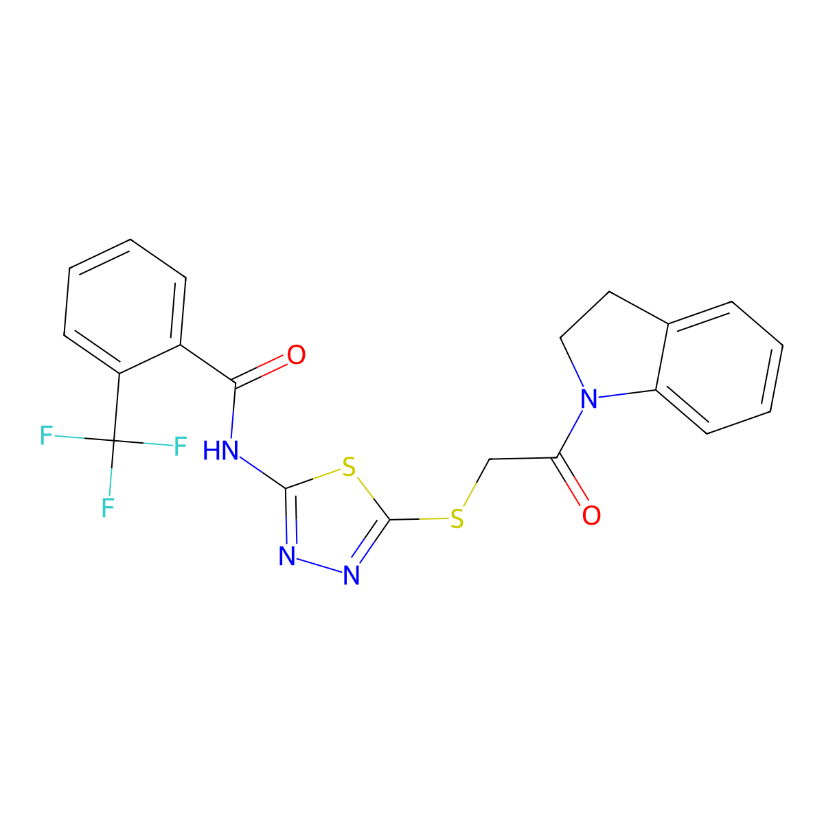 N-(5-((2-(indolin-1-yl)-2-oxoethyl)thio)-1,3,4-thiadiazol-2-yl)-2-(trifluoromethyl)benzamide molecular structure, CAS 389072-71-3