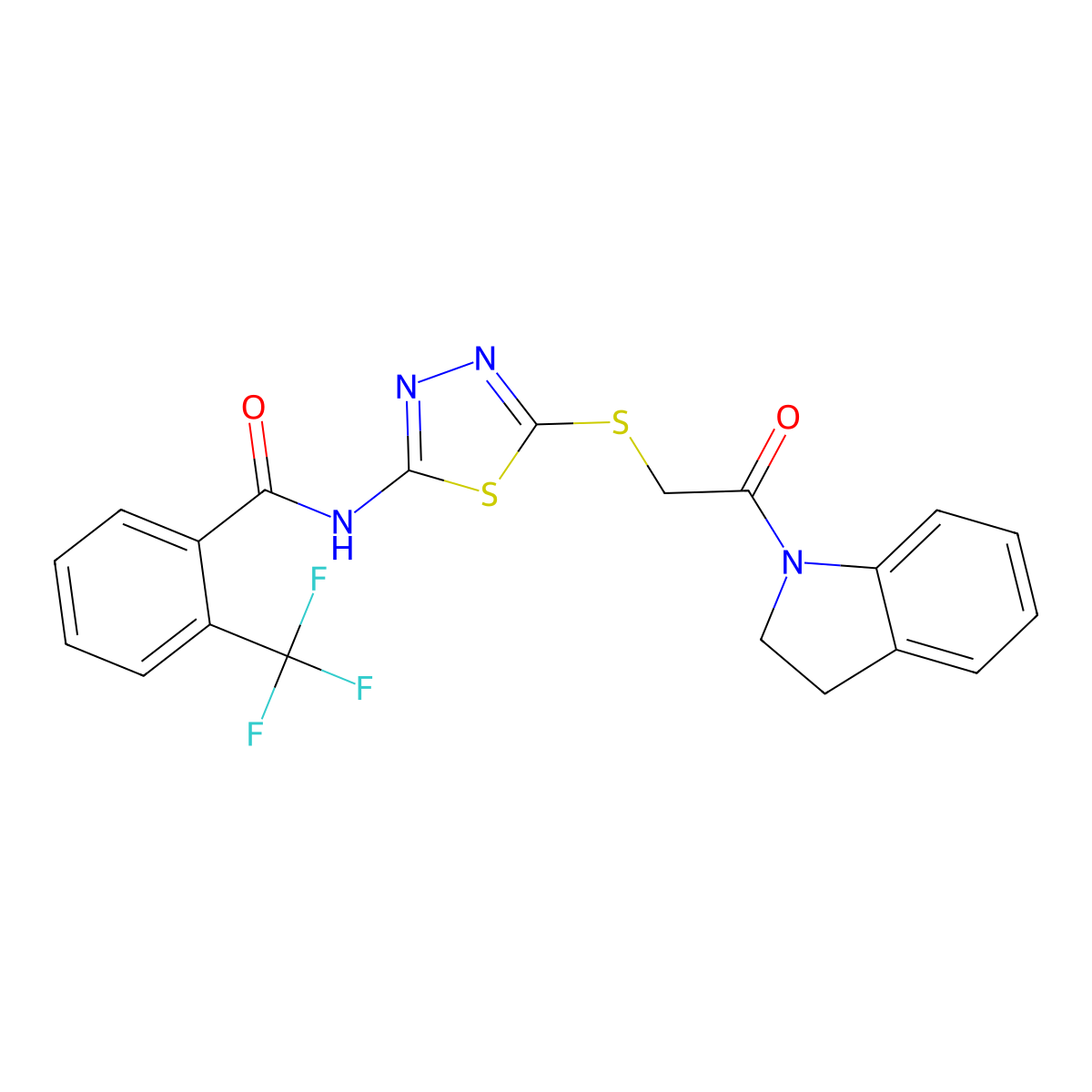N-(5-((2-(indolin-1-yl)-2-oxoethyl)thio)-1,3,4-thiadiazol-2-yl)-2-(trifluoromethyl)benzamide molecular structure, CAS 389072-71-3