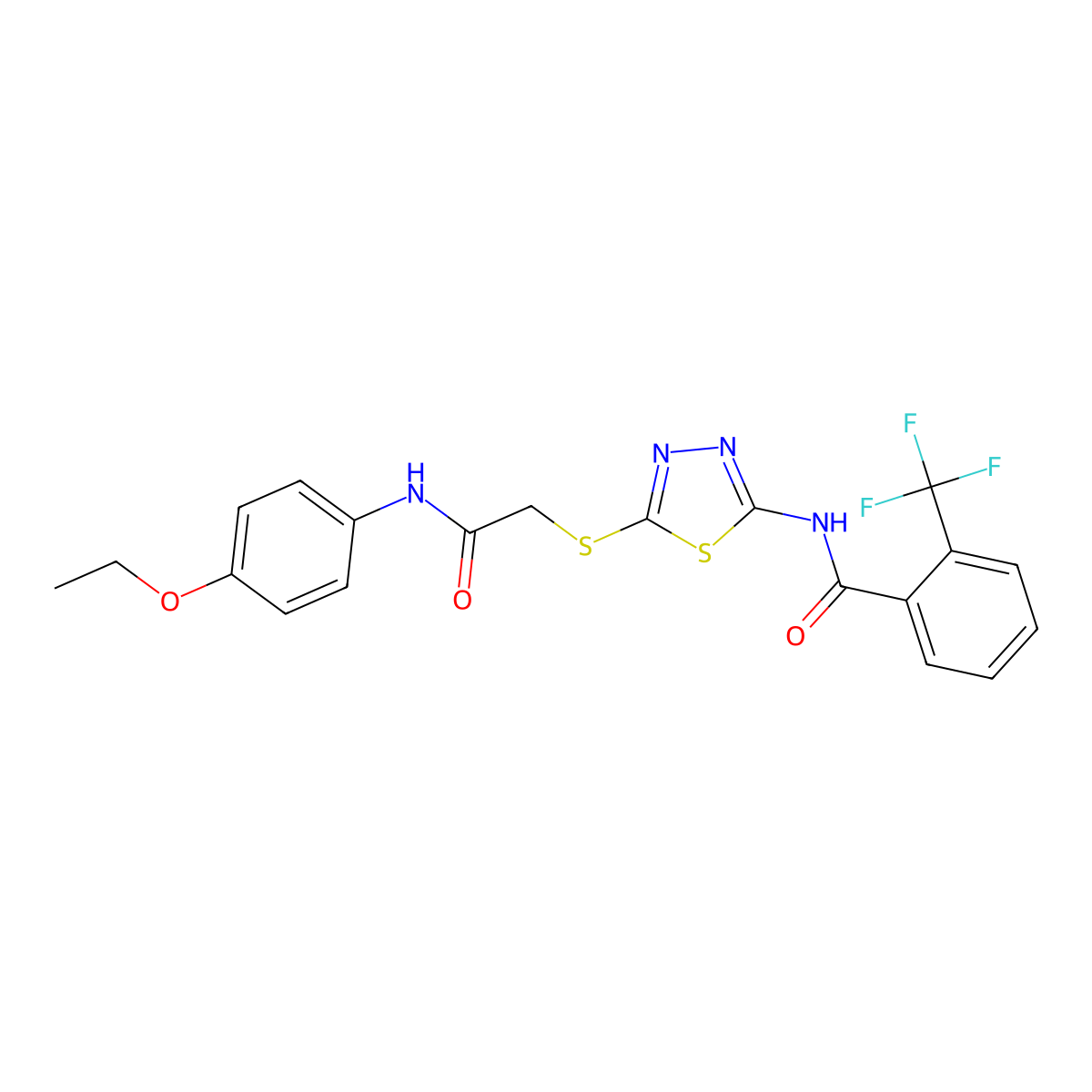 N-[5-[2-(4-ethoxyanilino)-2-oxoethyl]sulfanyl-1,3,4-thiadiazol-2-yl]-2-(trifluoromethyl)benzamide molecular structure, CAS 389072-72-4