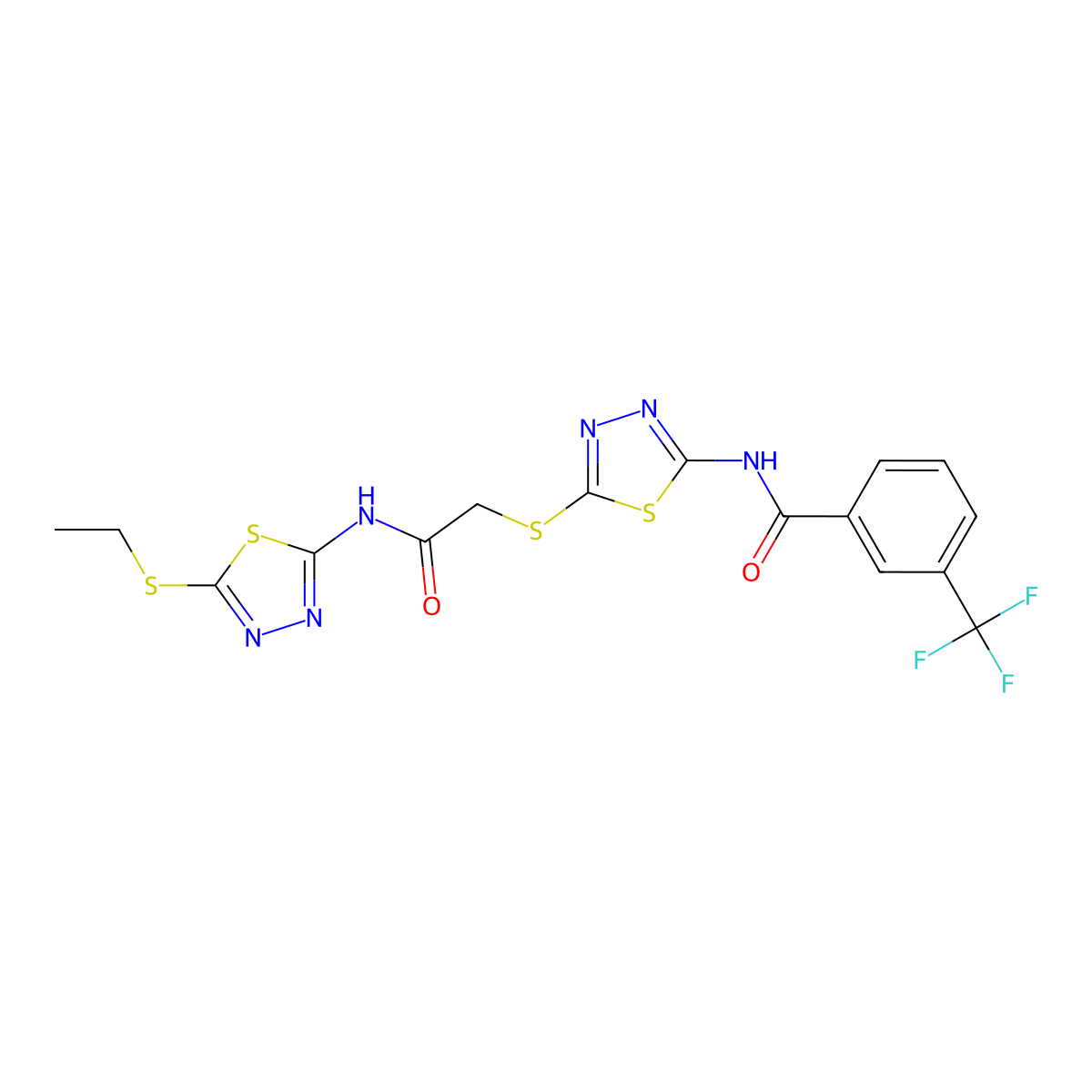 N-{5-[({[5-(ethylsulfanyl)-1,3,4-thiadiazol-2-yl]carbamoyl}methyl)sulfanyl]-1,3,4-thiadiazol-2-yl}-3-(trifluoromethyl)benzamide molecular structure, CAS 389072-73-5