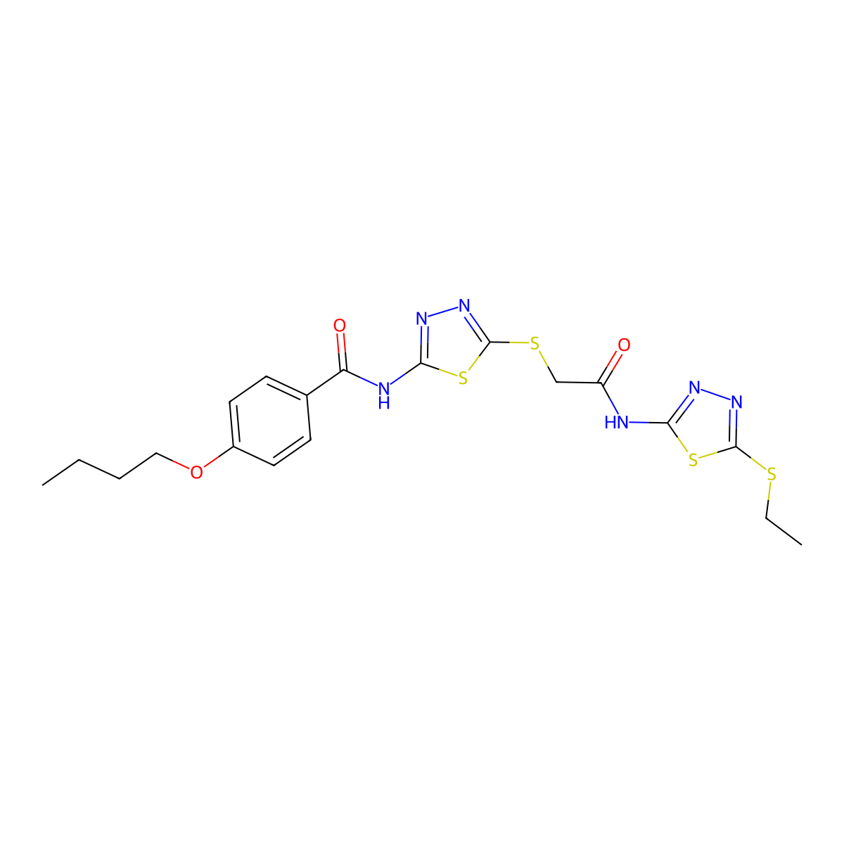 4-butoxy-N-[5-[2-[(5-ethylsulfanyl-1,3,4-thiadiazol-2-yl)amino]-2-oxoethyl]sulfanyl-1,3,4-thiadiazol-2-yl]benzamide molecular structure, CAS 389072-76-8