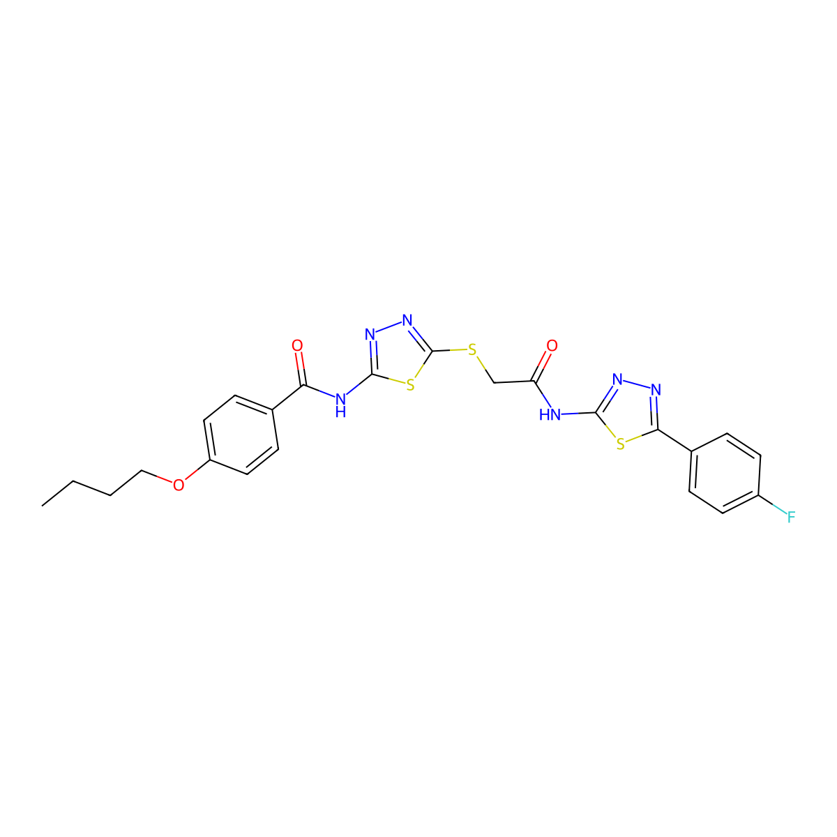 4-butoxy-N-(5-((2-((5-(4-fluorophenyl)-1,3,4-thiadiazol-2-yl)amino)-2-oxoethyl)thio)-1,3,4-thiadiazol-2-yl)benzamide molecular structure, CAS 389072-77-9