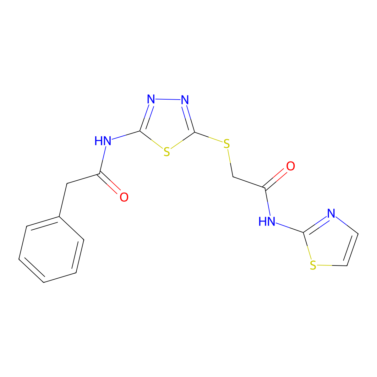 N-(5-((2-oxo-2-(thiazol-2-ylamino)ethyl)thio)-1,3,4-thiadiazol-2-yl)-2-phenylacetamide molecular structure, CAS 389072-80-4
