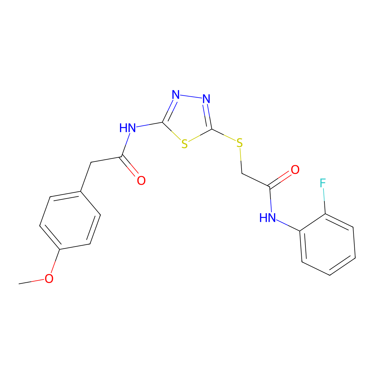 N-(2-fluorophenyl)-2-((5-(2-(4-methoxyphenyl)acetamido)-1,3,4-thiadiazol-2-yl)thio)acetamide molecular structure, CAS 389072-81-5
