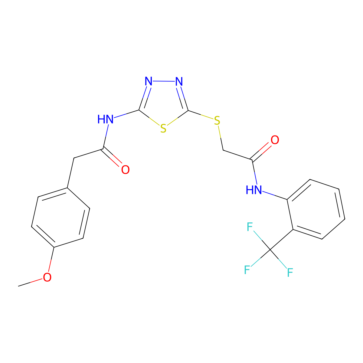 2-(4-methoxyphenyl)-N-(5-((2-oxo-2-((2-(trifluoromethyl)phenyl)amino)ethyl)thio)-1,3,4-thiadiazol-2-yl)acetamide molecular structure, CAS 389072-82-6