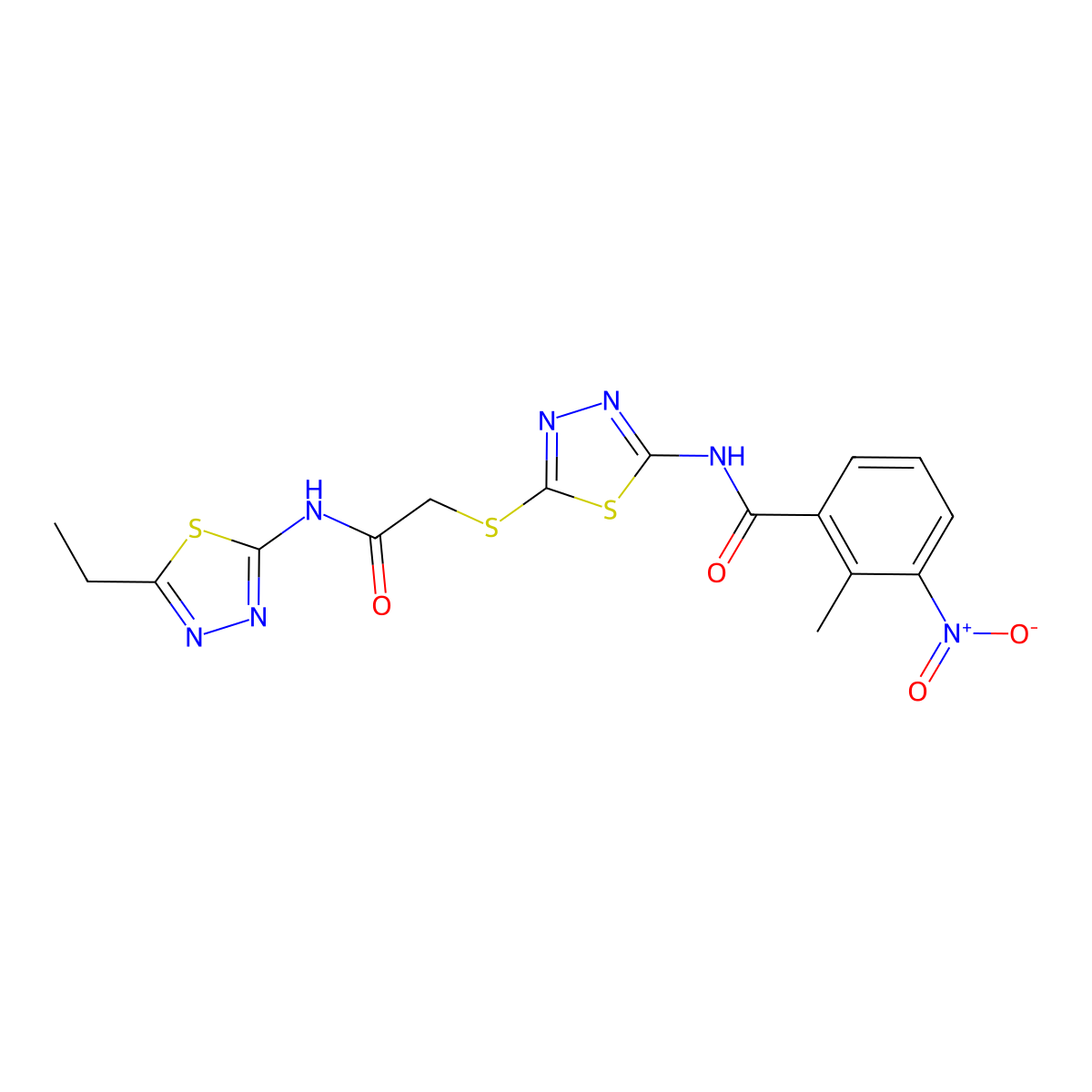 N-[5-({[(5-ethyl-1,3,4-thiadiazol-2-yl)carbamoyl]methyl}sulfanyl)-1,3,4-thiadiazol-2-yl]-2-methyl-3-nitrobenzamide molecular structure, CAS 389072-83-7
