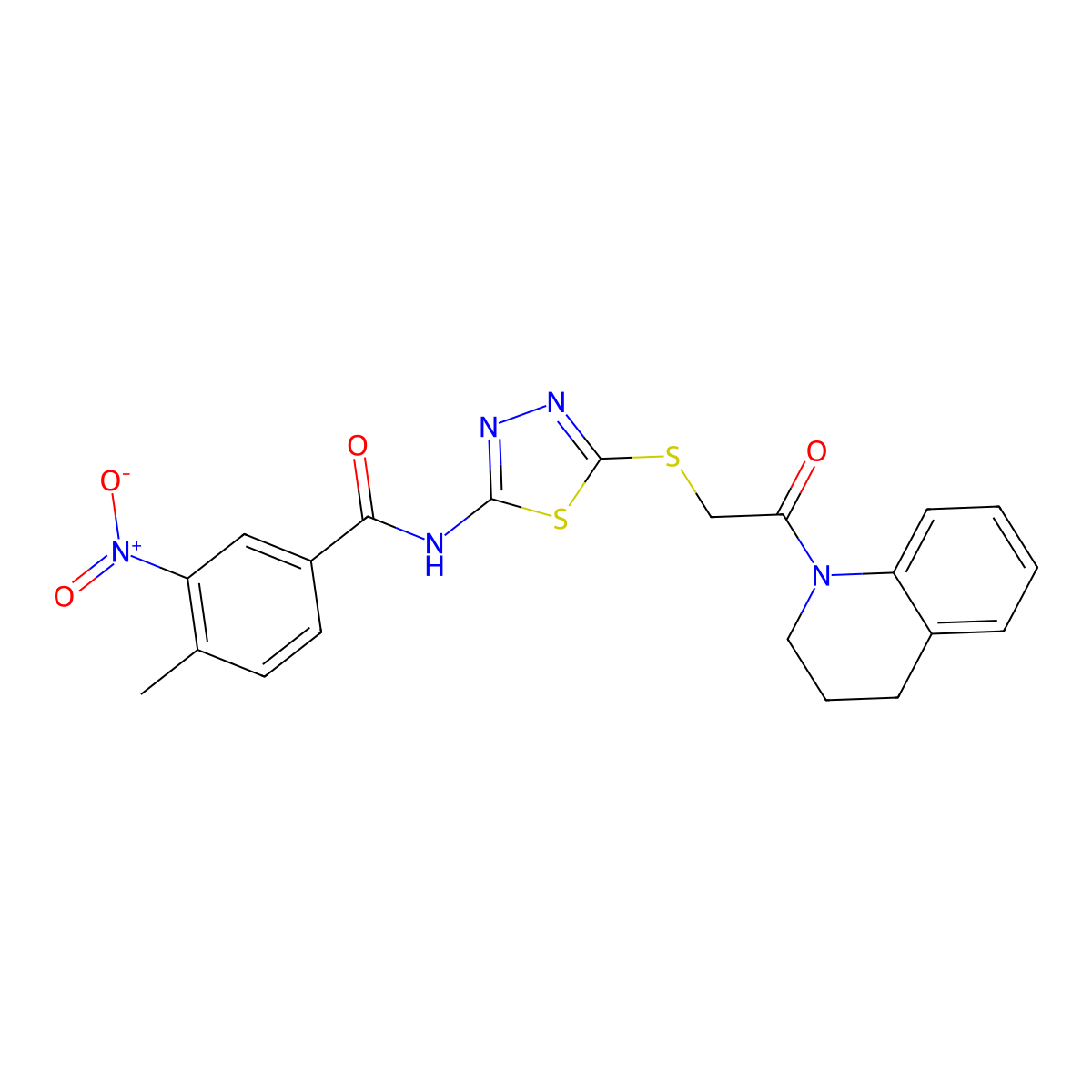 N-(5-((2-(3,4-dihydroquinolin-1(2H)-yl)-2-oxoethyl)thio)-1,3,4-thiadiazol-2-yl)-4-methyl-3-nitrobenzamide molecular structure, CAS 389072-85-9
