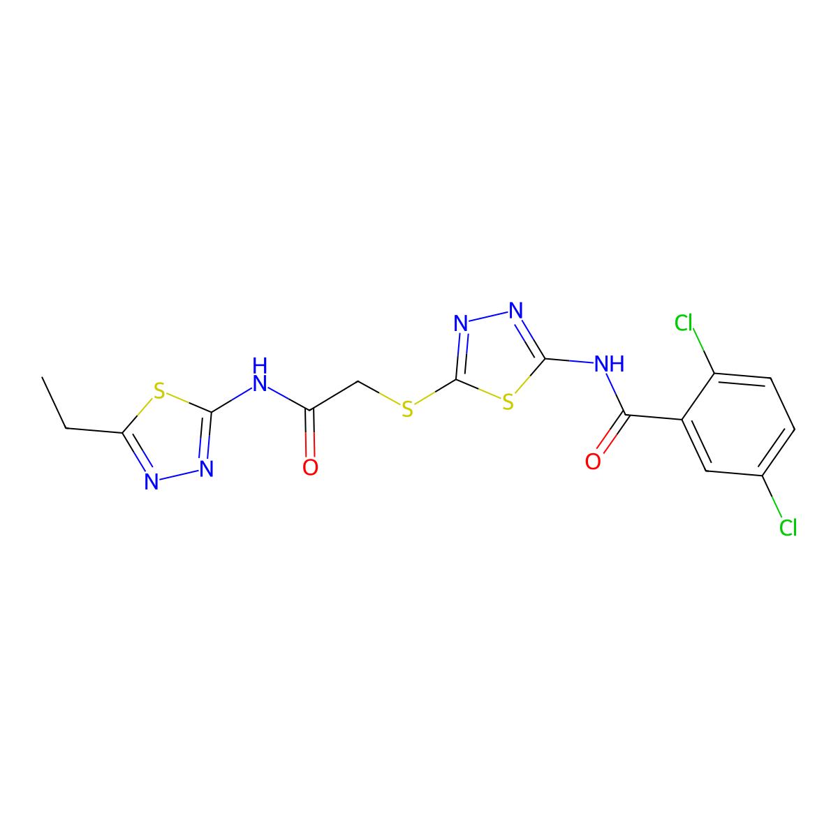 2,5-dichloro-N-(5-((2-((5-ethyl-1,3,4-thiadiazol-2-yl)amino)-2-oxoethyl)thio)-1,3,4-thiadiazol-2-yl)benzamide molecular structure, CAS 389072-86-0