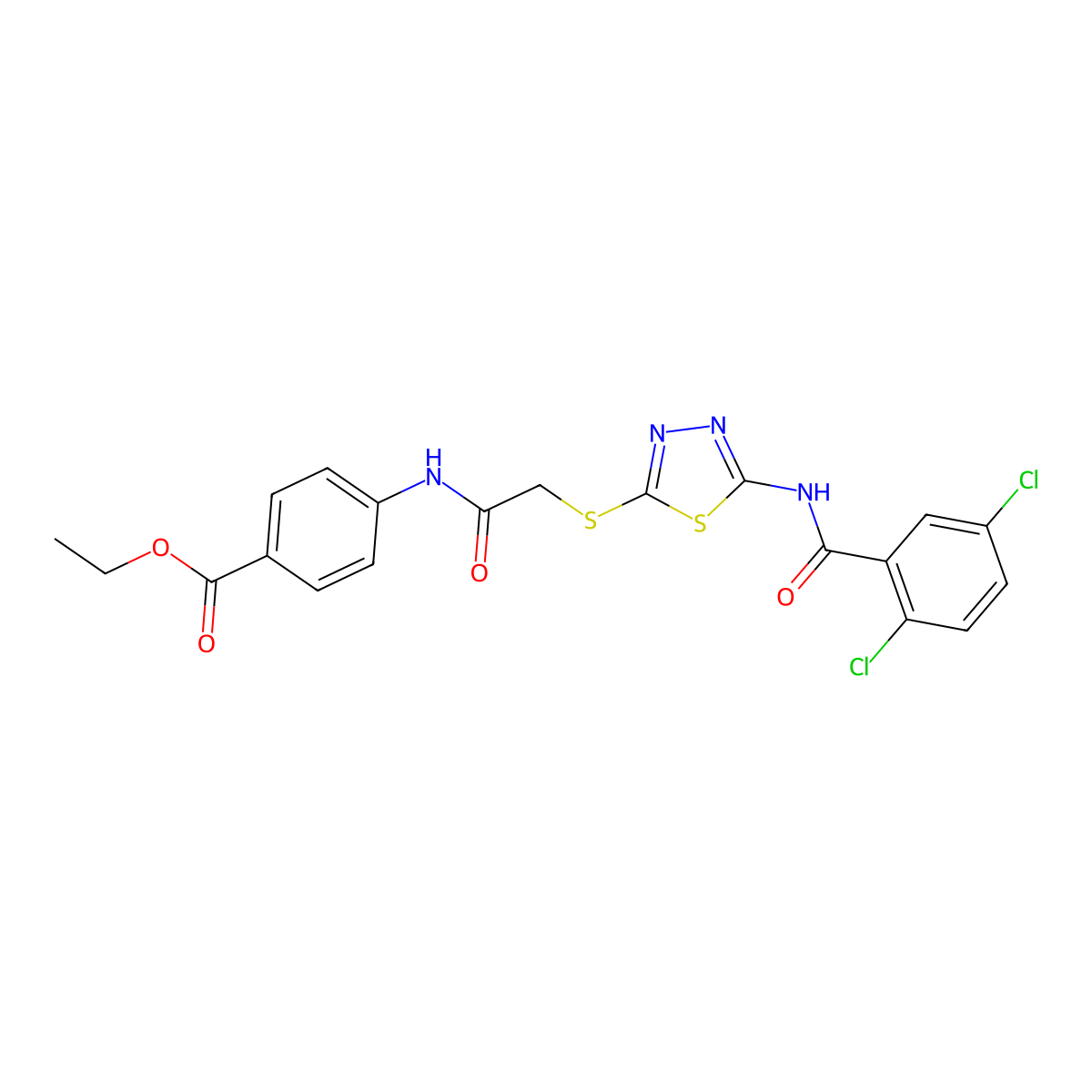 Ethyl 4-(2-((5-(2,5-dichlorobenzamido)-1,3,4-thiadiazol-2-yl)thio)acetamido)benzoate molecular structure, CAS 389072-89-3