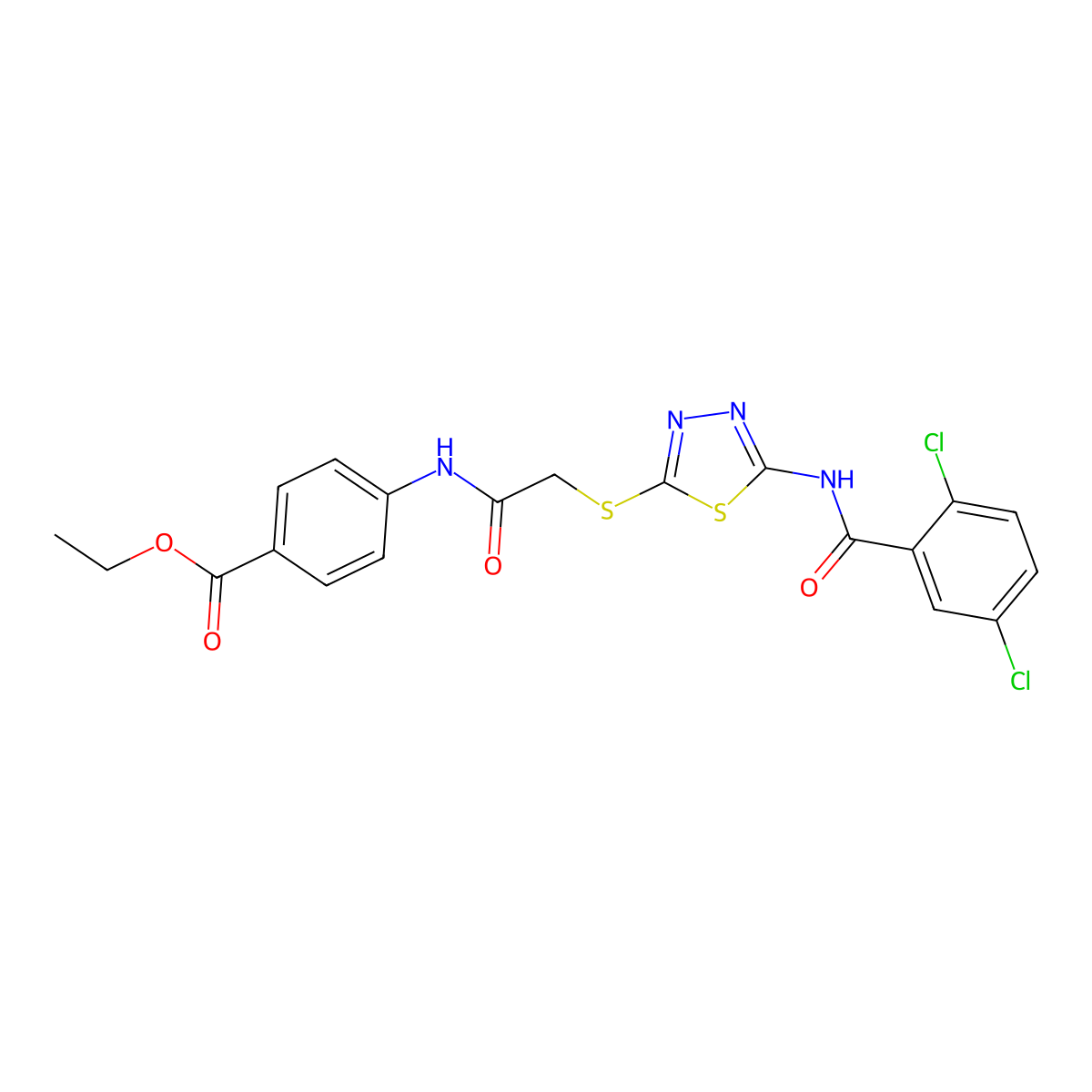 Ethyl 4-(2-((5-(2,5-dichlorobenzamido)-1,3,4-thiadiazol-2-yl)thio)acetamido)benzoate molecular structure, CAS 389072-89-3