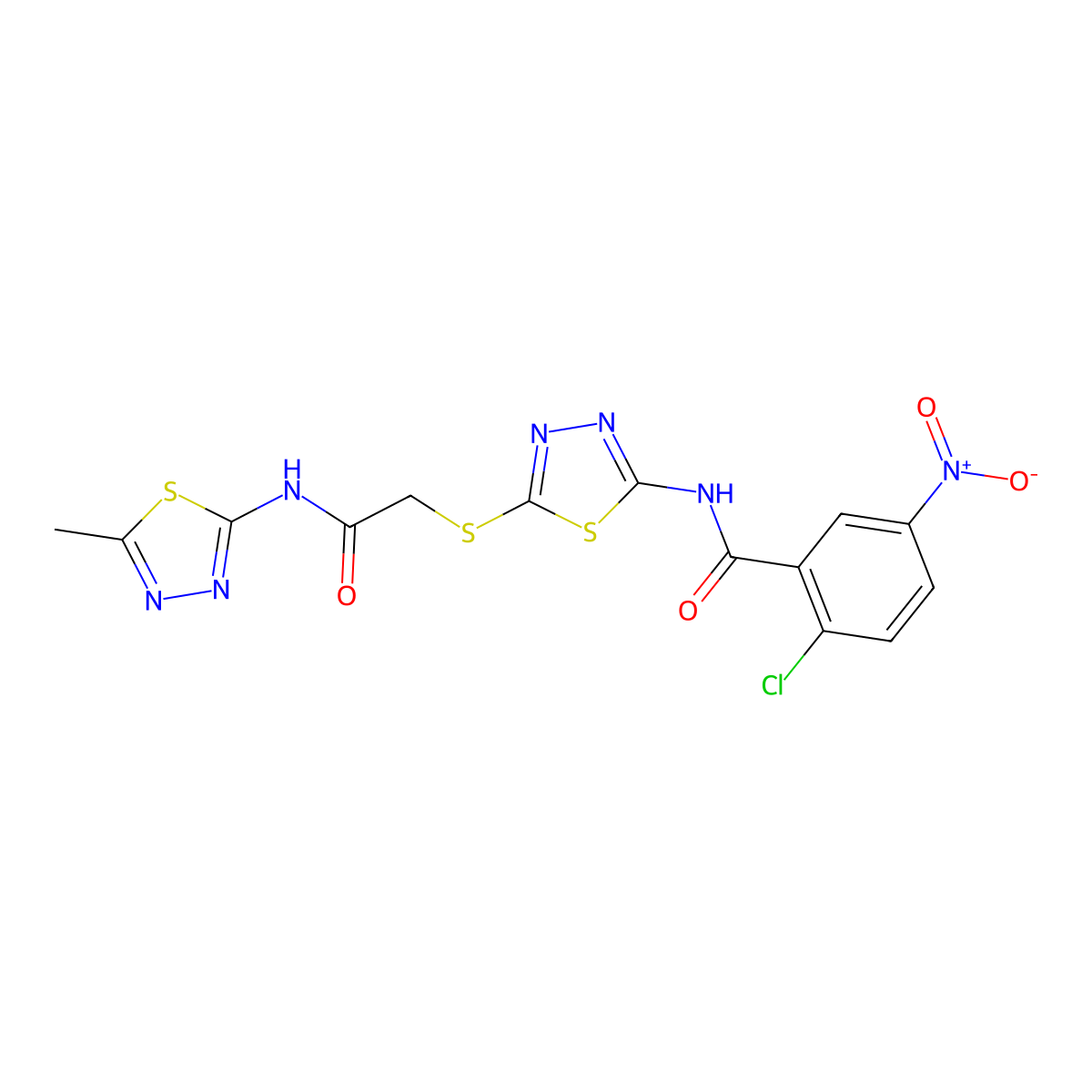 2-chloro-N-[5-({[(5-methyl-1,3,4-thiadiazol-2-yl)carbamoyl]methyl}sulfanyl)-1,3,4-thiadiazol-2-yl]-5-nitrobenzamide molecular structure, CAS 389072-90-6
